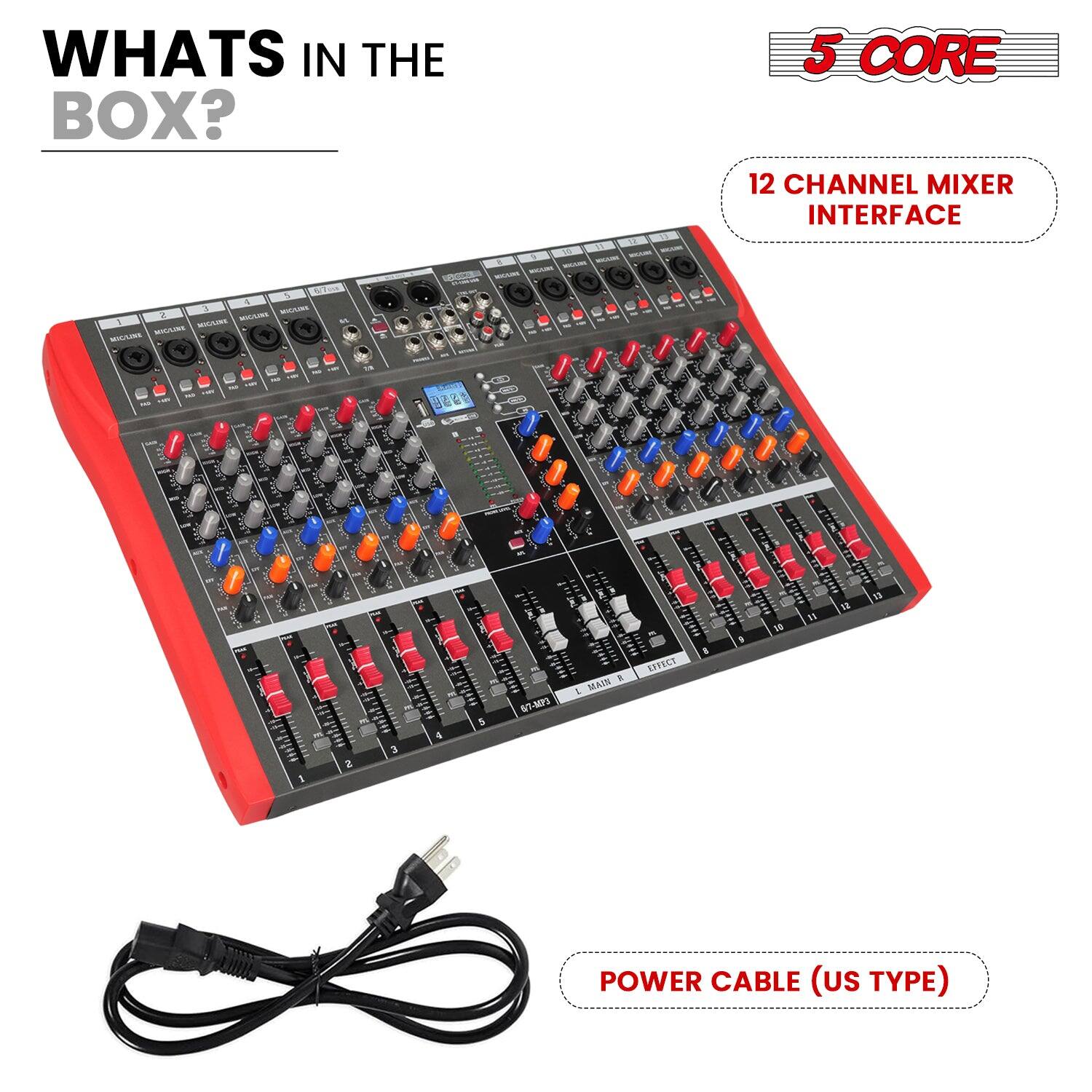 WHATS IN THE BOX?

5 CORE

12 CHANNEL MIXER INTERFACE

POWER CABLE (US TYPE)
