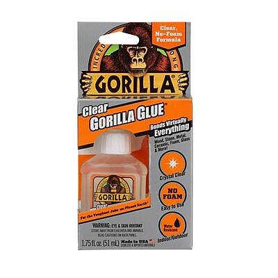 Clear Gorilla Glue  
Bonds Virtually Everything  
Stainless, Metal, Wood, Foam, Glass, Ceramic, & Marble  

Crystal Clear  
No Foam  
Easy to Use  

Warning: Eye and Skin Irritant  
175 fl oz (51 mL)  
Indoor/Outdoor  

Made in the USA
