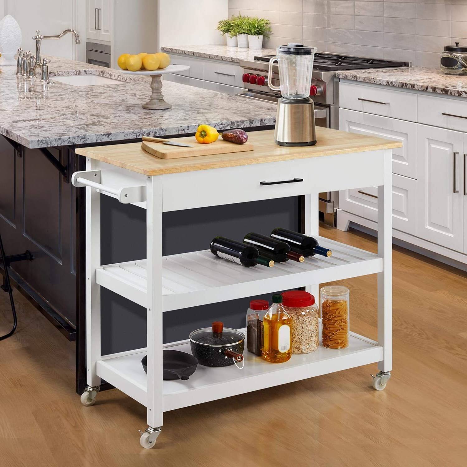 Left. SlickBlue - Wood Top Kitchen Island Cart with Drawer and Locking Casters - White.