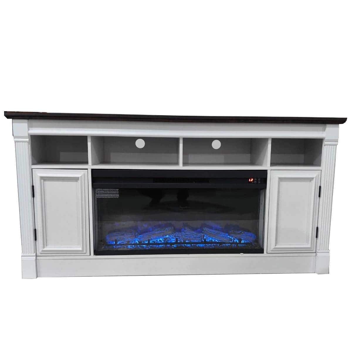 Qeetex - 68" Fireplace TV Stand for 75" TVs, Built in 36" Electric Fireplace Entertainment Center with Open Shelfves & Cabinets - White