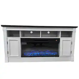 Qeetex - 68" Fireplace TV Stand for 75" TVs, Built in 36" Electric Fireplace Entertainment Center with Open Shelfves & Cabinets - White