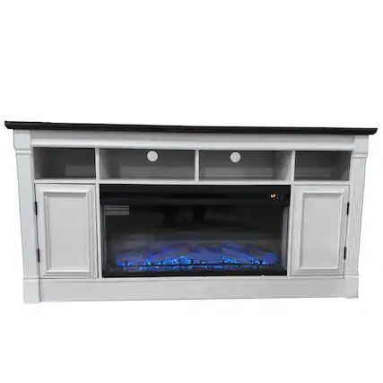 Front. Qeetex - 68" Fireplace TV Stand for 75" TVs, Built in 36" Electric Fireplace Entertainment Center with Open Shelfves & Cabinets - White.