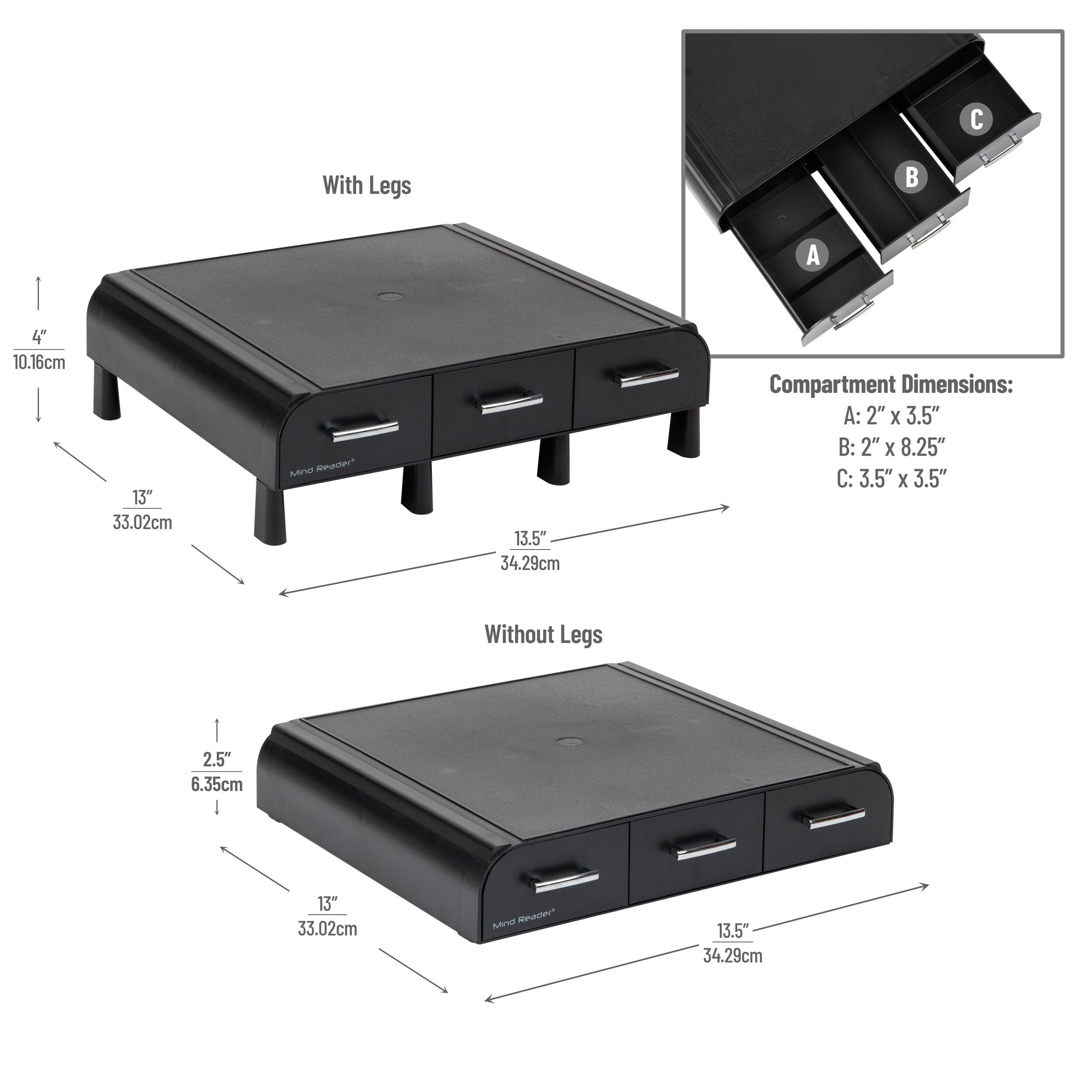 Left. Mind Reader - Monitor Stand, Laptop Riser, Desktop Organizer, Storage Drawer, Office, Plastic, 13.5"L x 13"W x 4"H - Black.