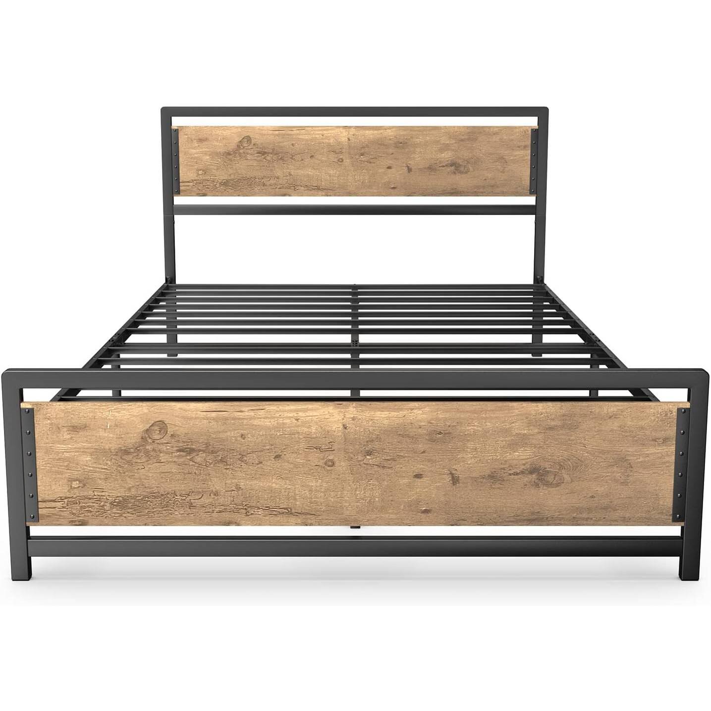 Back. Hivvago - Queen Modern Metal Wood Industrial Platform Bed Frame with Headboard Footboard - Black.