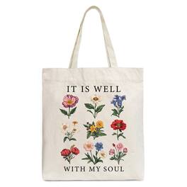 OrnamentallyYou - It Is Well With My Soul Christian Floral Canvas Tote Bag, Gift With Bible Verse Design - Beige