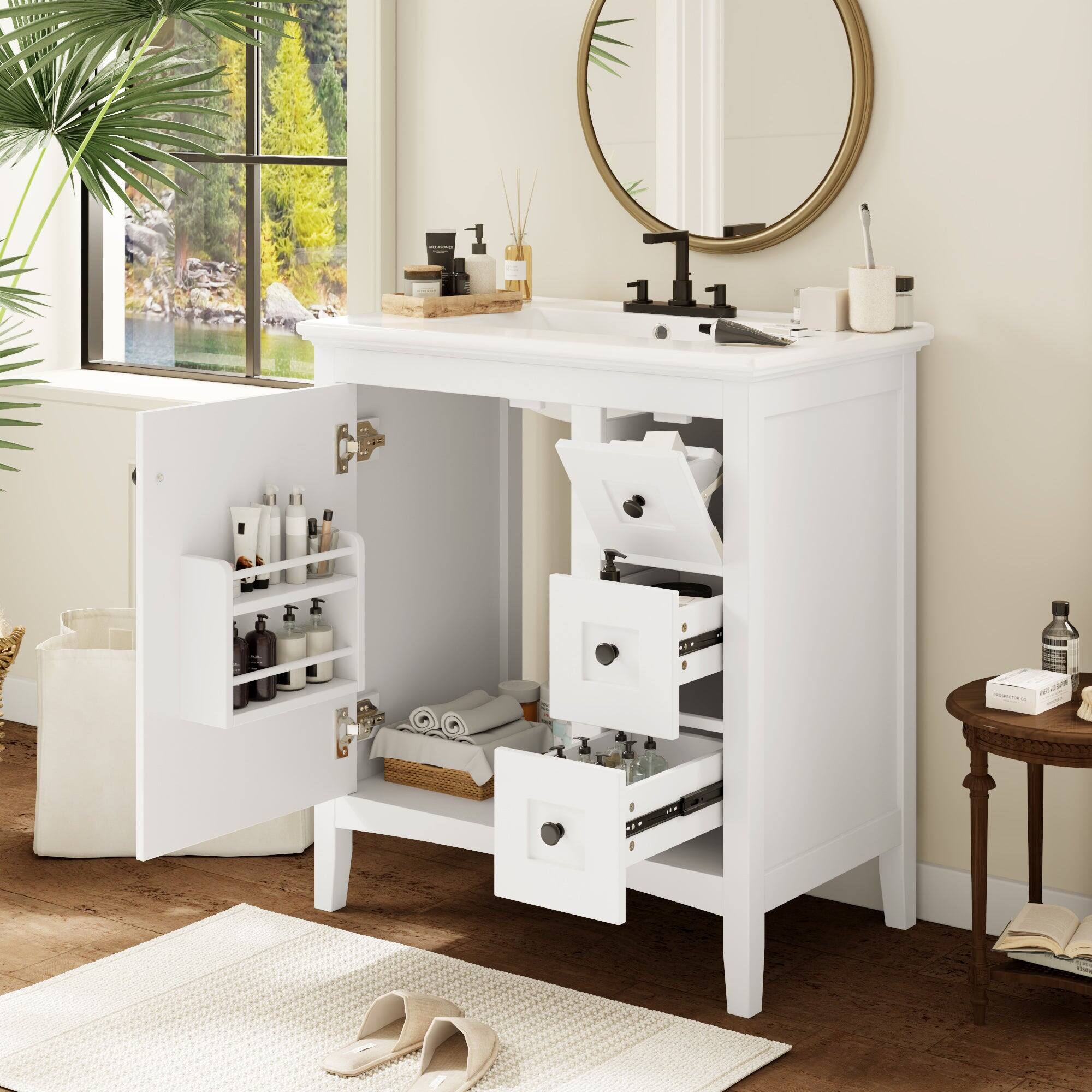Alt View 4. Boyel Living - 30 Inch Bathroom Vanity with Ceramic Sink Three Drawers White - White.