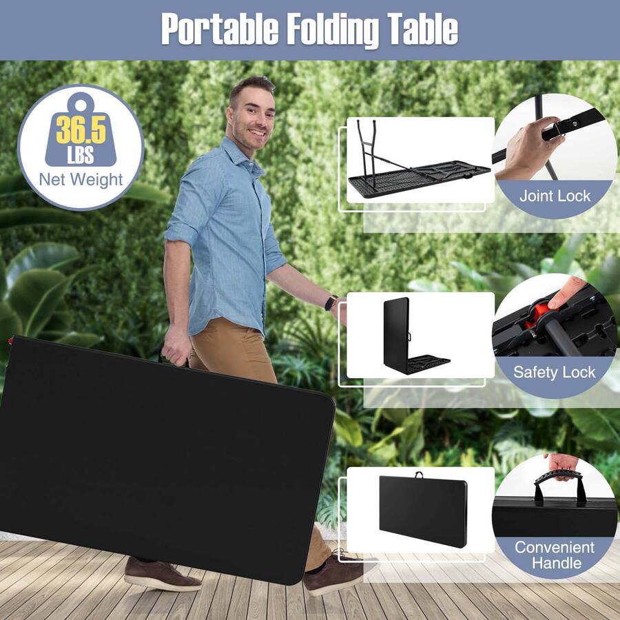 Comping Table Lock Costway 8 ft Portable Folding Table with HDPE Tabletop Safe Lock ...