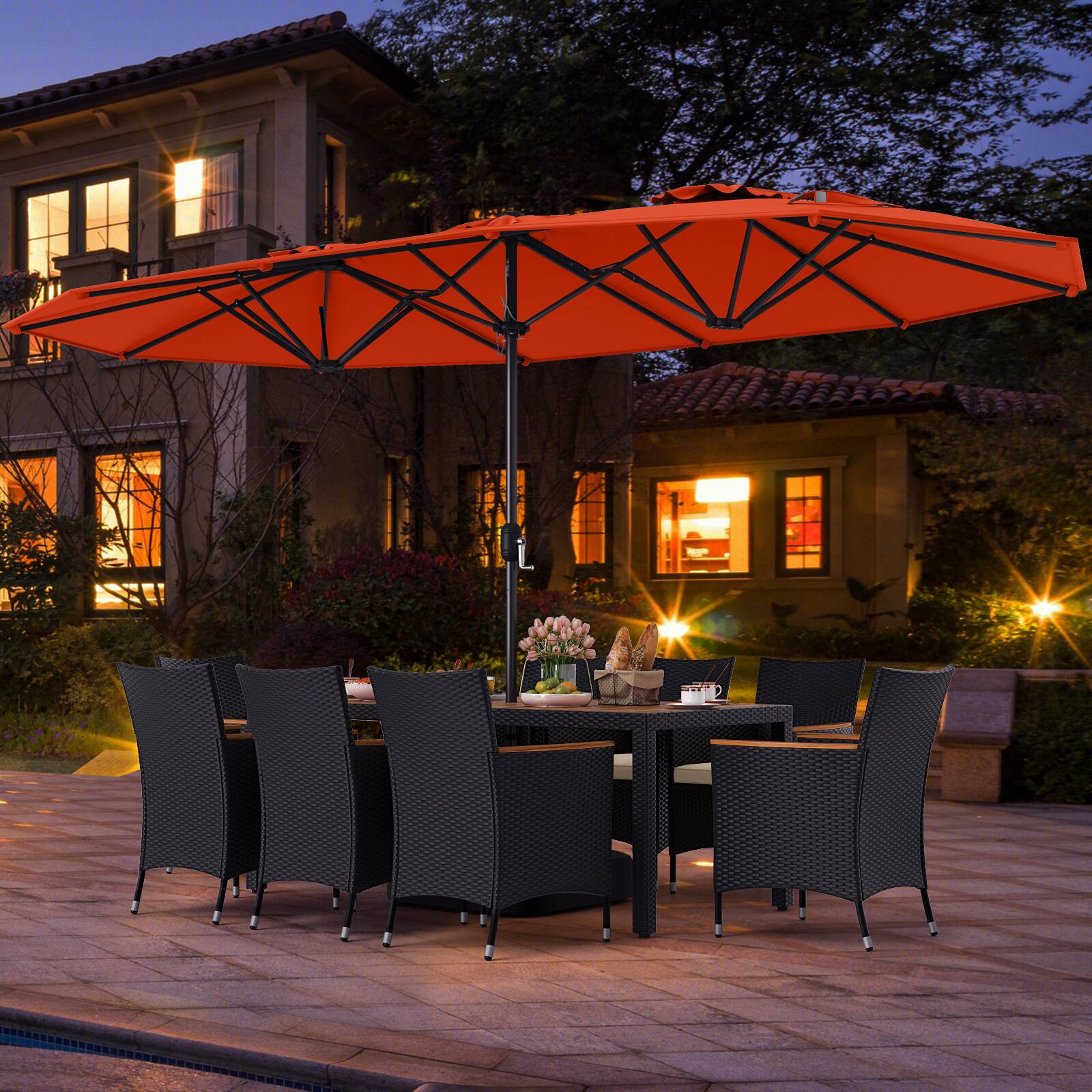 Alt View 4. Costway - Costway 11 PCS Patio Wicker Dining Set with Double-Sided Outdoor Umbrella 8 Stackable Chairs - Orange,White.