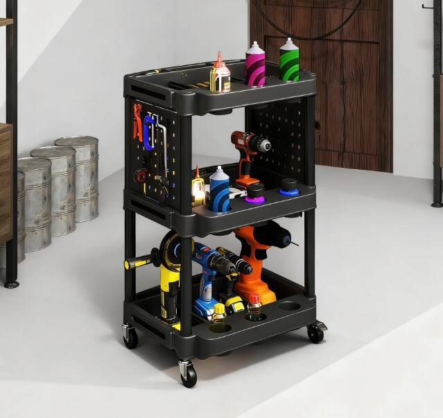 Back. HOMLUX - 22.20 in. W 3-Tier Rolling Tool Cart Capacity Plastic Utility Cart with Side Shelves for Garage, Workshop - Black.