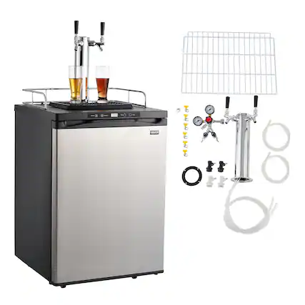 Front. VEVOR - Beer Kegerator, Dual Tap Home Draft Beer Dispenser for Ball Lock, Full Size Keg Refrigerator with 5lbs CO2 Tank - Silver.
