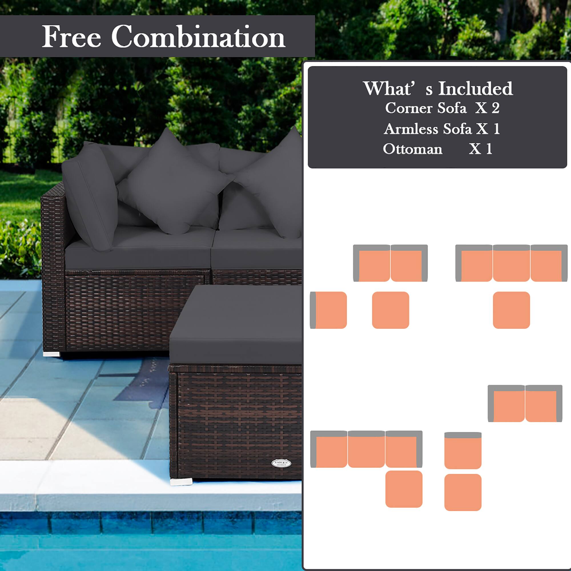 Free Combination: What's Included: Corner Sofa X 2, Armless Sofa X 1, Ottoman X 1