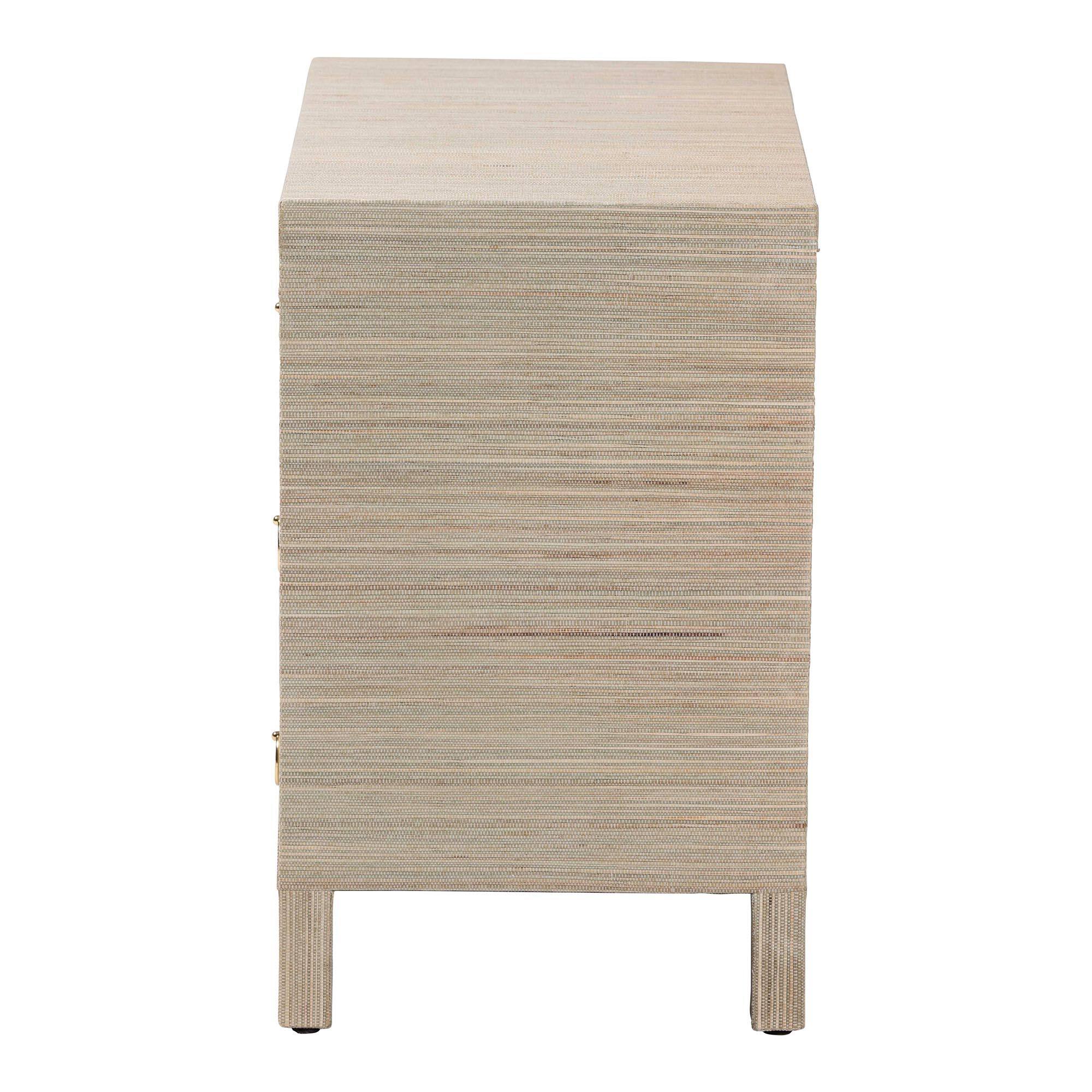 Back. bali & pari - Umika Grasscloth Nightstand with Scalloped Base - 3-Drawer Accent Chest with Gold Ring Pulls, Bedroom Storage Table - Beige/Gold.