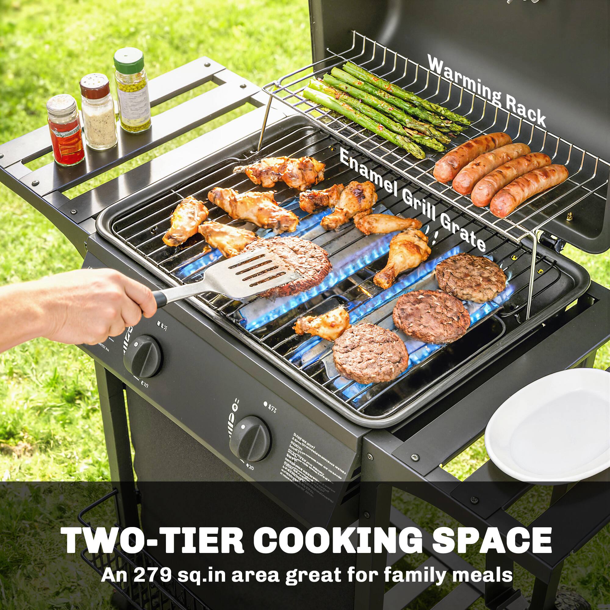 Warming Rack Enamel Grill Grate GC EE 1 O= i 13 N7Z TWO-TIER COOKING SPACE An 279 sq.in area great for family meals
