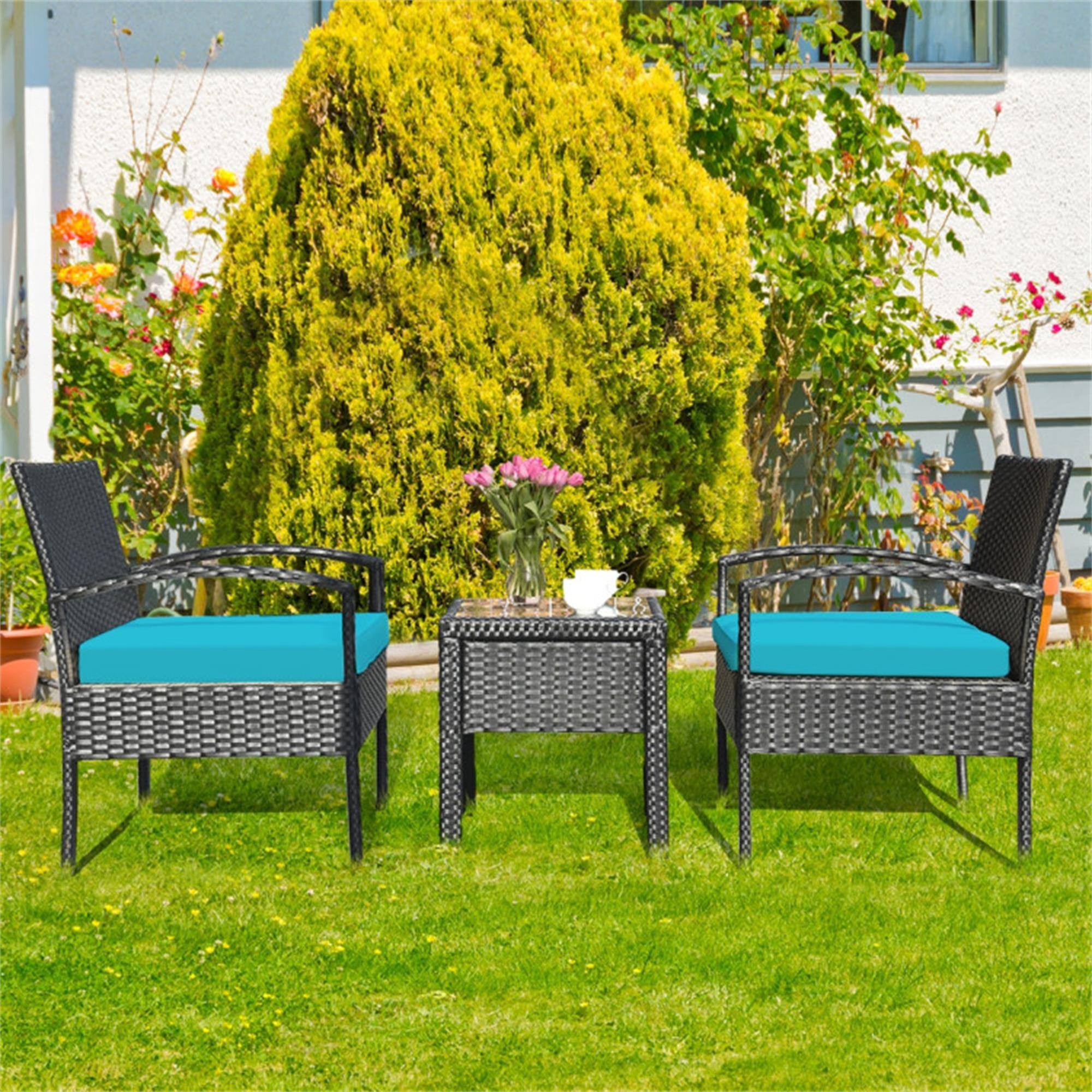 Alt View 2. Boyel Living - Turquoise 3 Pieces Outdoor Rattan Patio Conversation Set with Seat Cushions 27.5-in L x 23.0-in W x 23.0-in H - Turquoise.