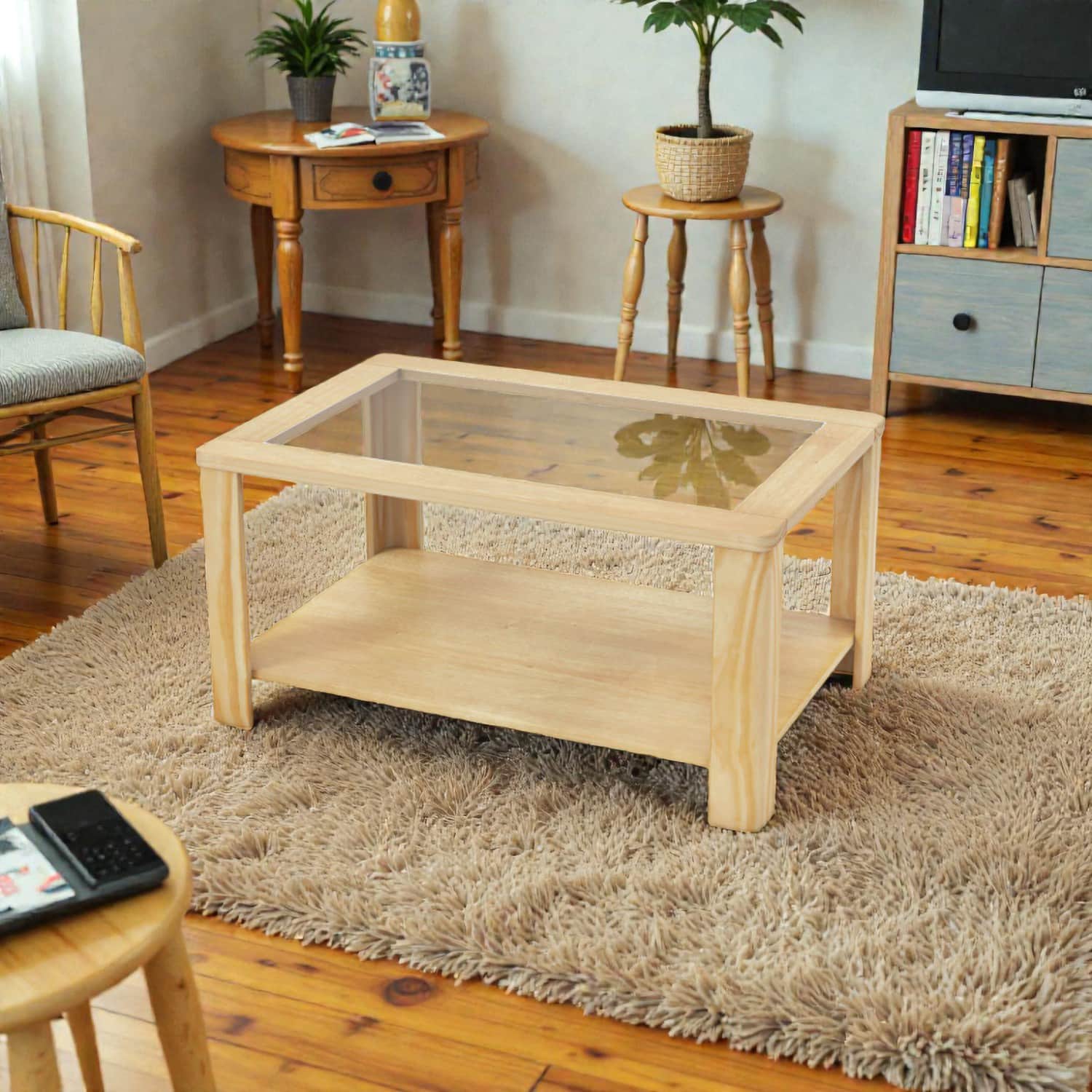 Hivvago - Modern 2-Level Center Table with Tempered Glass Surface and Lower Storage - Natural