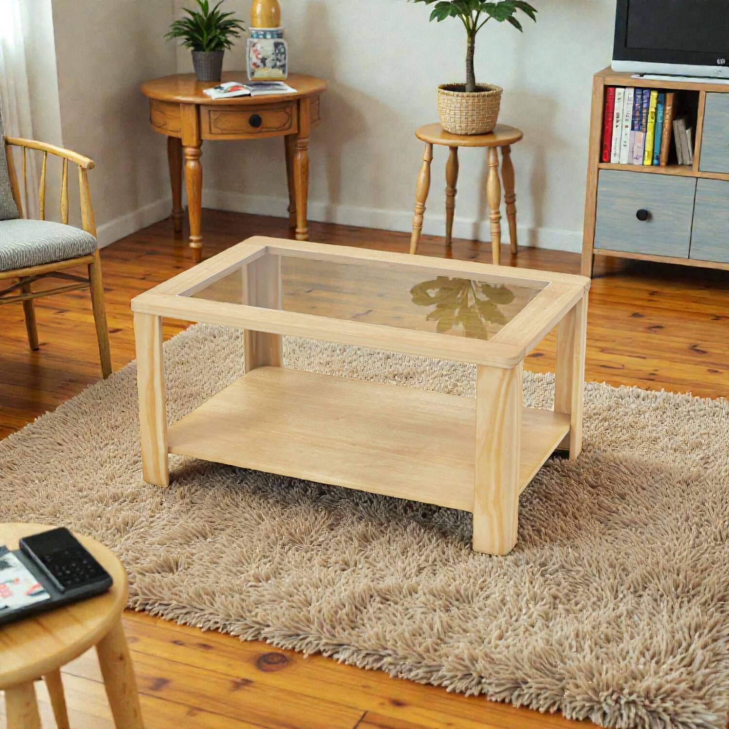 Front. Hivvago - Modern 2-Level Center Table with Tempered Glass Surface and Lower Storage - Natural.