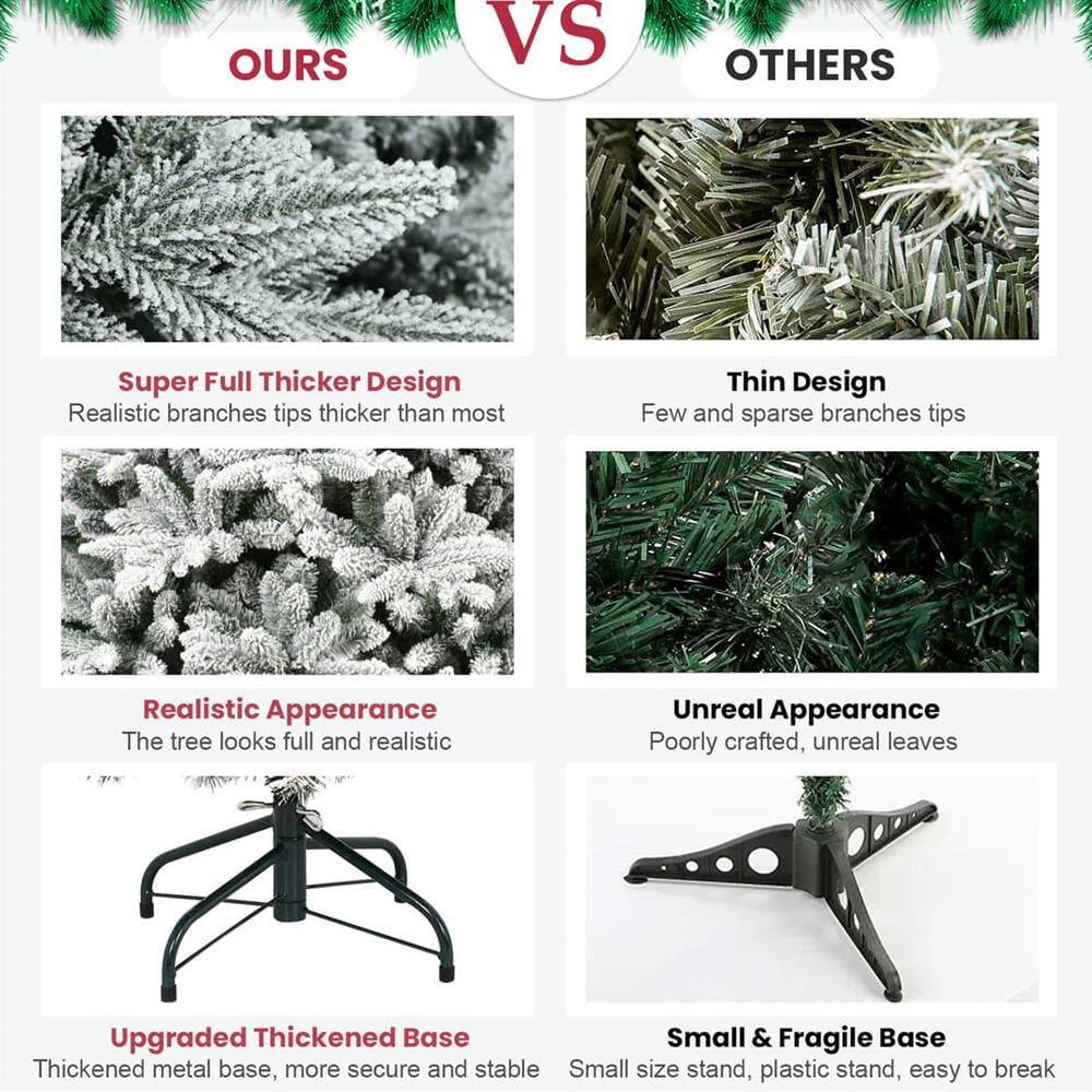 **OURS**

- **Super Full Thicker Design**
  - Realistic branches tips thicker than most

- **Realistic Appearance**
  - The tree looks full and realistic

- **Upgraded Thickened Base**
  - Thickened metal base, more secure and stable

**VS**

**OTHERS**

- **Thin Design**
  - Few and sparse branches tips

- **Unreal Appearance**
  - Poorly crafted, unreal leaves

- **Small & Fragile Base**
  - Small size stand, plastic stand, easy to break