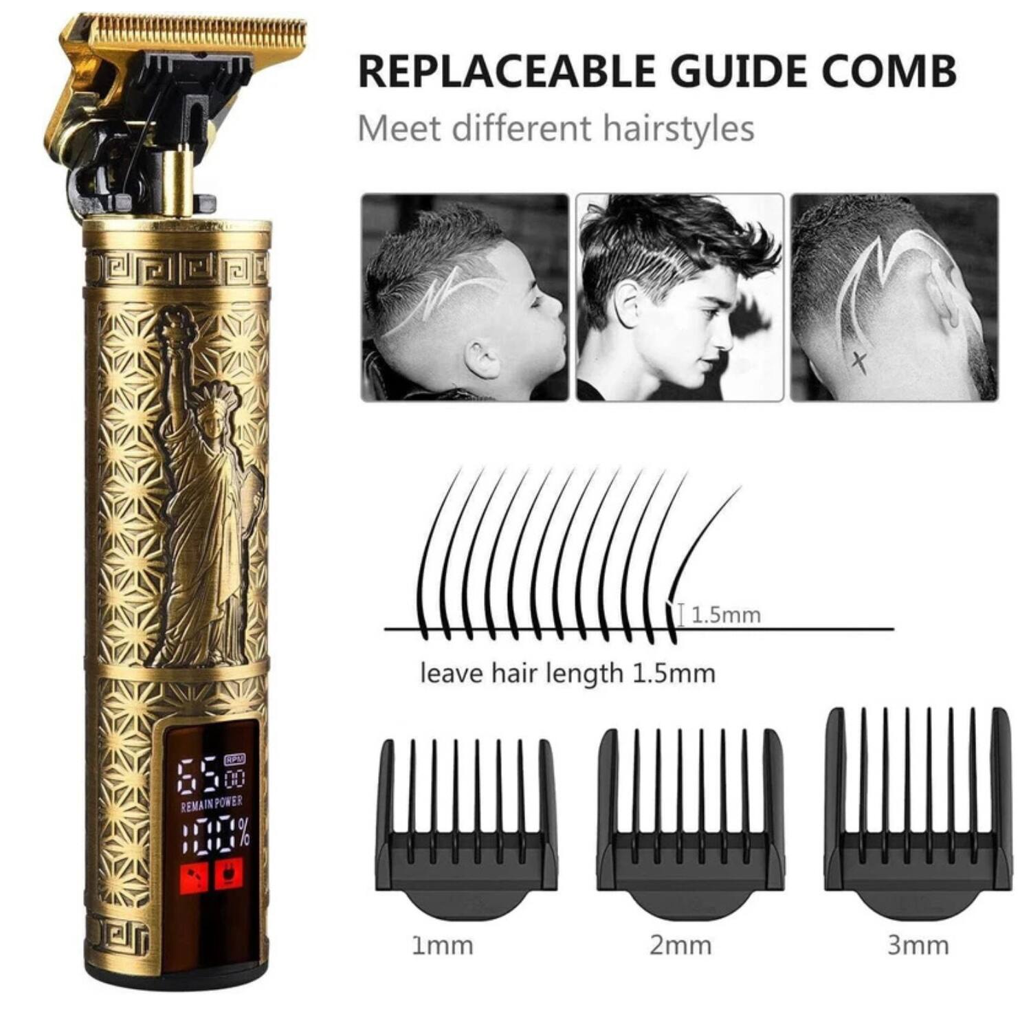 REPLACEABLE GUIDE COMB  
Meet different hairstyles

1.5mm leave hair length 1.5mm

1mm 2mm 3mm

REMAIN POWER 100%