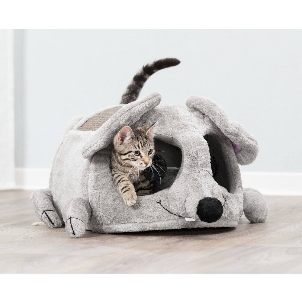 Left. TRIXIE - Lukas Plush Indoor Cat Condo with Sisal Scratching Surface & Removable Cushion - Gray.