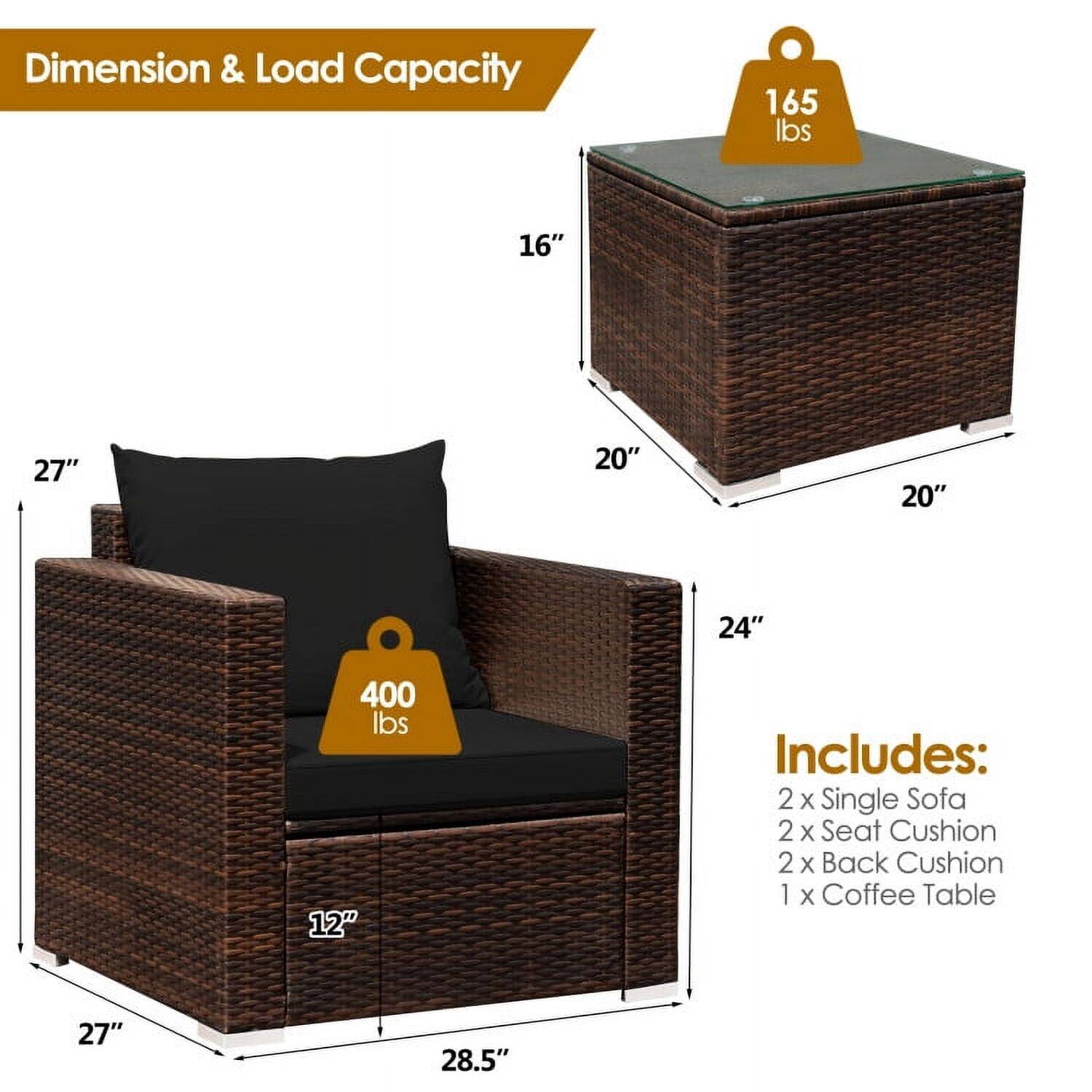 Dimension & Load Capacity

- Coffee Table: 16" x 20" x 20", 165 lbs
- Single Sofa: 27" x 28.5" x 12", 400 lbs

Includes:
- 2 x Single Sofa
- 2 x Seat Cushion
- 2 x Back Cushion
- 1 x Coffee Table