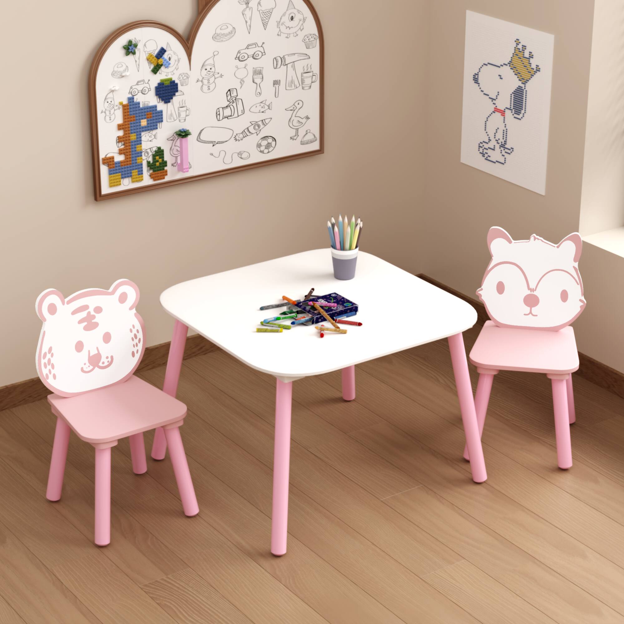 Back. Tiramisubest - Kids Table and Chair Set,3-Piece Wooden Toddler Desk with Animal Backrest,Activity Table for Playroom (Pink & White) - Pink+White.