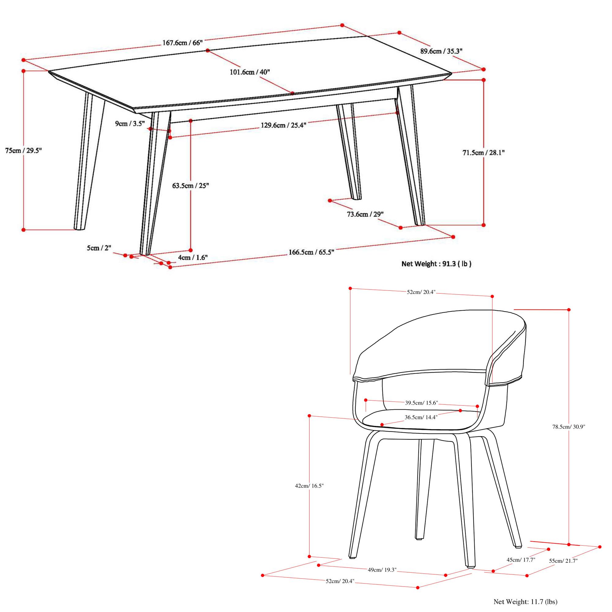 167.6cm/66"  
89.6cm/35.3"  
101.6cm/40"  
75cm/29.5"  
71.5cm/28.1"  
63.5cm/25"  
73.6cm/29"  
5cm/2"  
4cm/1.6"  
166.5cm  
Net Weight: 91.3 (lb)  

52cm/20.4"  
39.5cm/15.6"  
36.5cm/14.4"  
78.5cm/30.9"  
49cm/19.3"  
45cm/17.7"  
55cm/21.7"  
Net Weight: 11.7 (lbs)