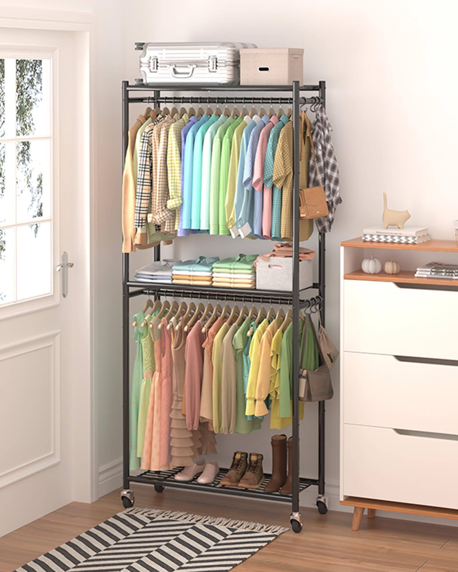 Alt View 8. Hirose Alice - Clothes Rack   33.0" x 12.2" x 79.5" Clothing Rack with Shelves & Wheels  Multi Functional Wardrobe Closet - Gold Large.