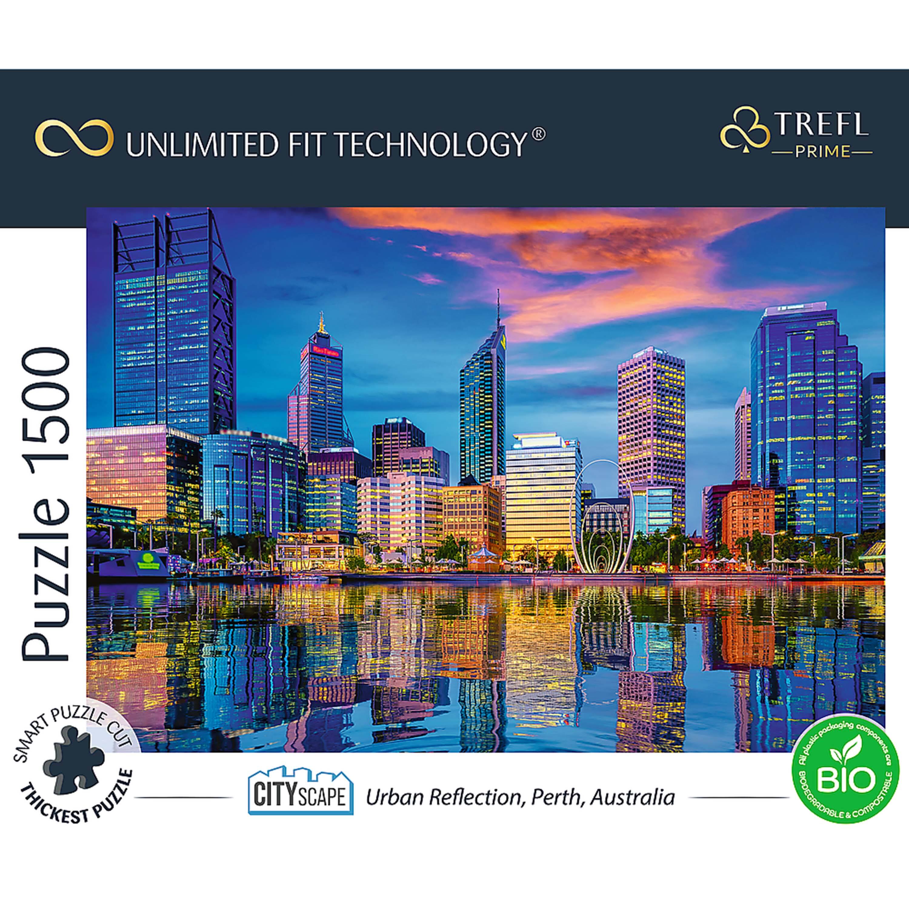 UNLIMITED FIT TECHNOLOGY  
TREFL PRIME  
Puzzle 1500  
SMART PUZZLE CUT  
THICKEST PUZZLE  
CITYSCAPE  
Urban Reflection, Perth, Australia  
BIO  
RECYCLABLE & COMPOSTABLE