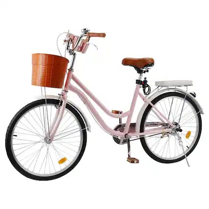 Front. Topteng - 24 Inch Beach Cruiser Bike for Adult -Low Step Design, Basket & Rack, High Carbon Steel Frame, Dual Brakes Bicycle Pink - Pink.