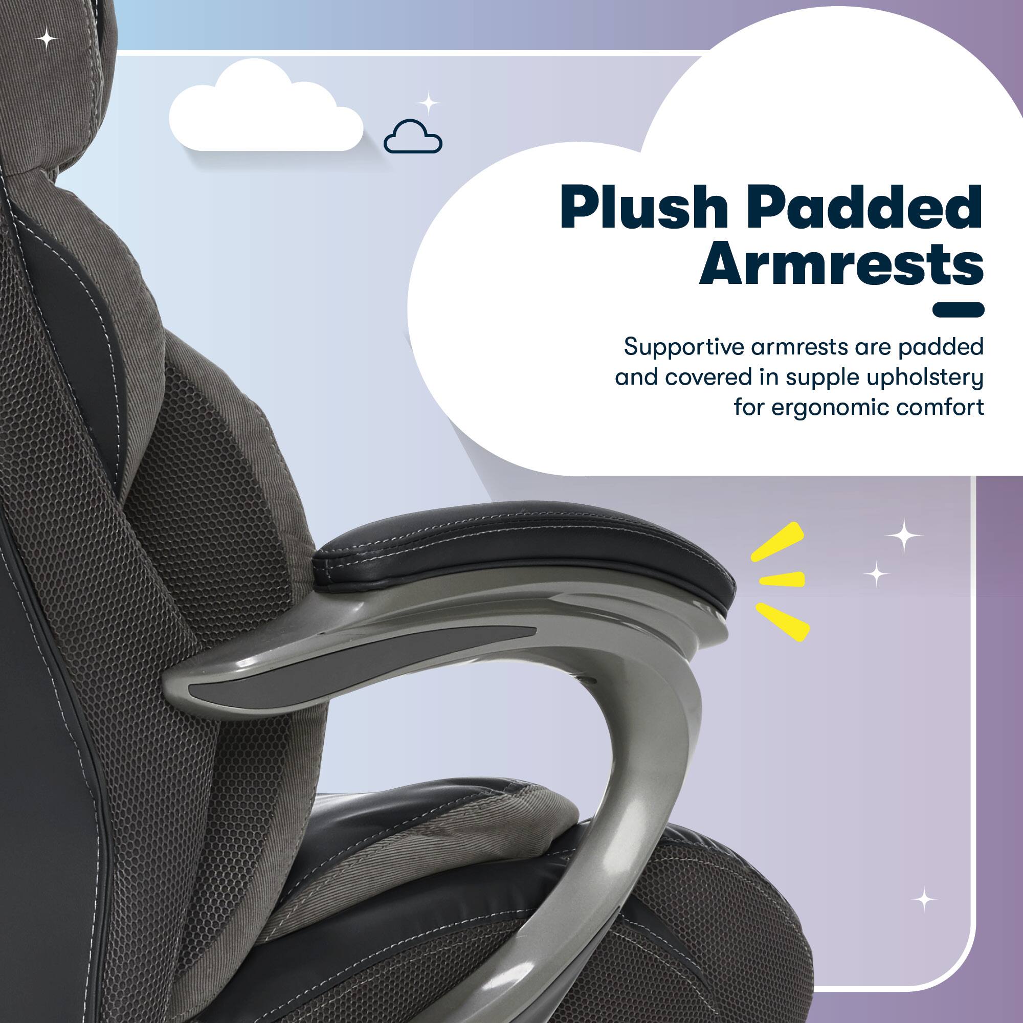 Plush Padded Armrests - Supportive armrests are padded and covered in supple upholstery for ergonomic comfort