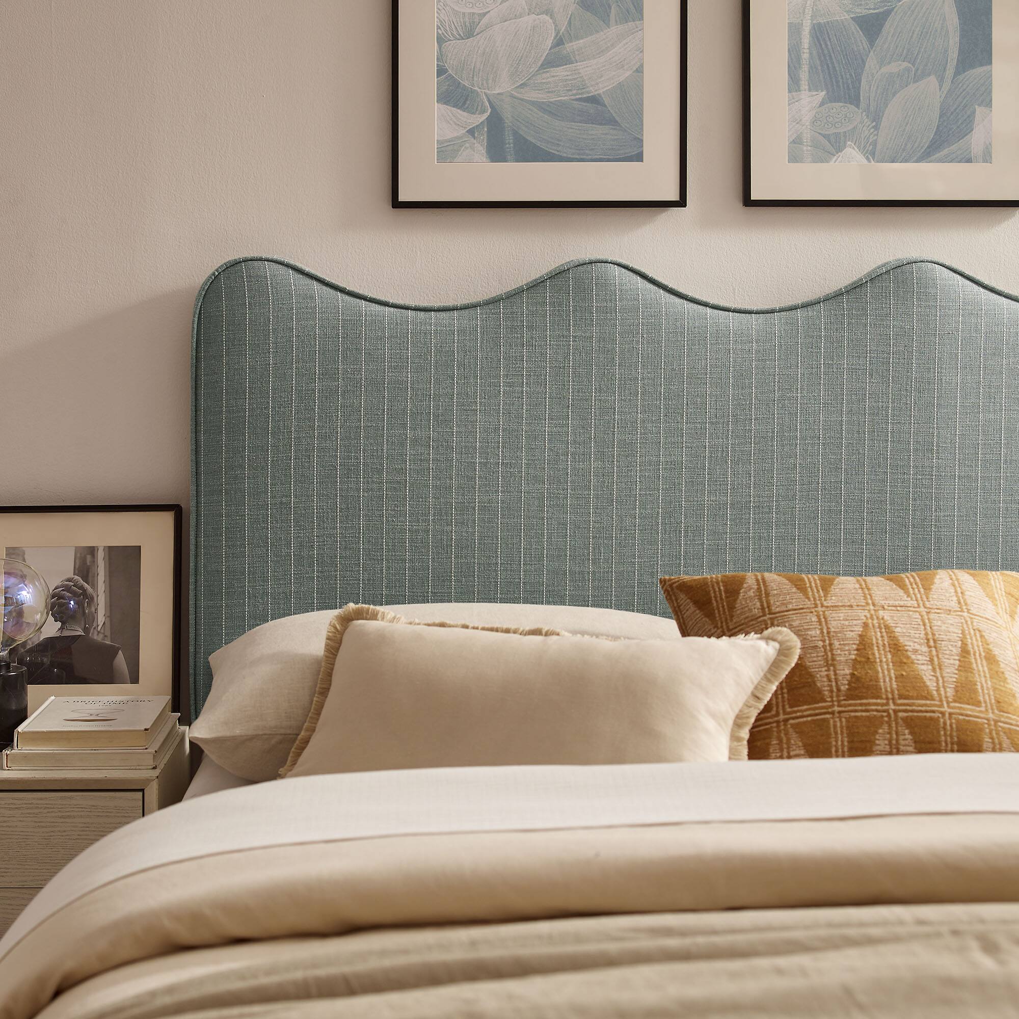 Alt View 2. Modway - Athena Striped Fabric Upholstered Headboard by Modway - Spa Blue Stripe.