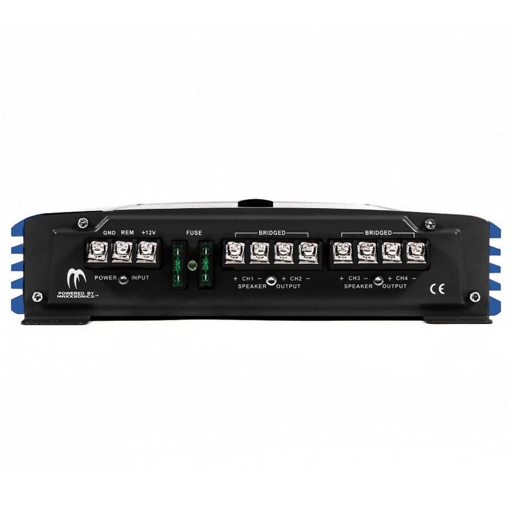 GND REM +12V FUSE BRIDGED BRIDGED POWERED BY MAXXSONICS INPUT + CH1 - SPEAKER OUTPUT + CH2 - SPEAKER OUTPUT + CH3 - SPEAKER OUTPUT + CH4 - SPEAKER OUTPUT