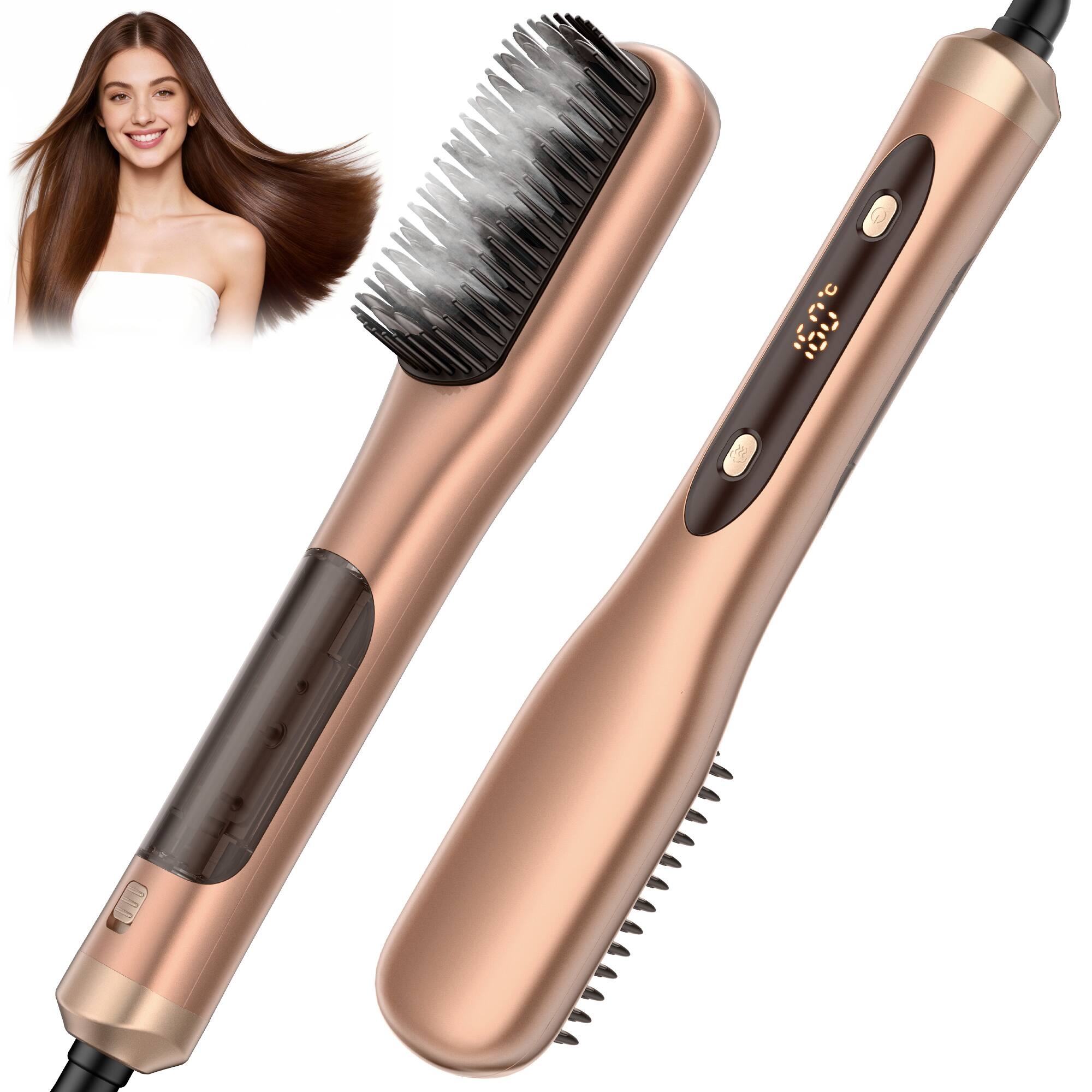 Teendow - Upgraded Steam Hair Straightener Brush, 3-in-1 Steam Heating & Straightening Brush with Enhanced Hair Protection - Orange