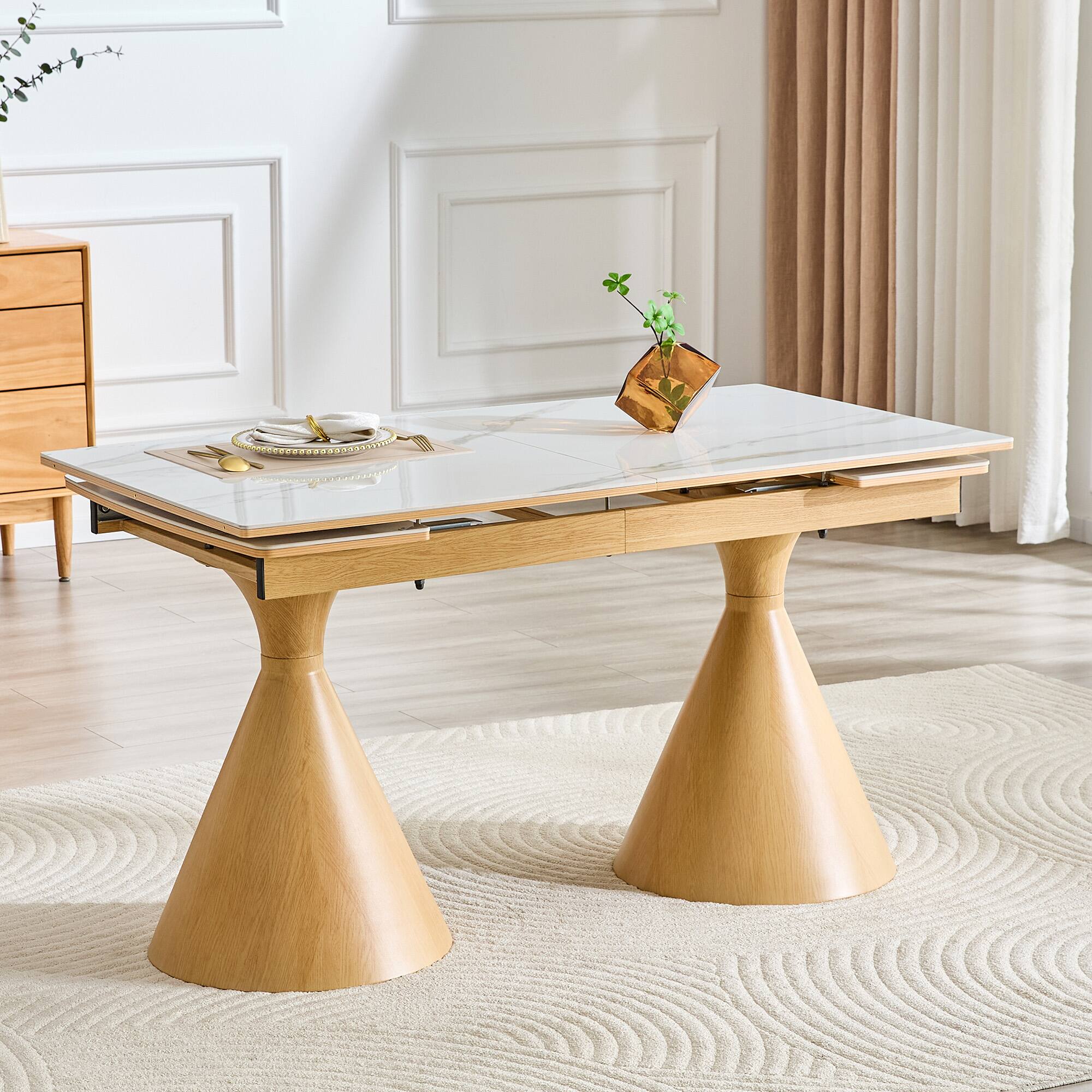 Left. Loheer - Loheer Extendable Dining Table, White Marble Effect Sintered Stone Top, Modern Rectangle for 4 to 8 People - White and wood.