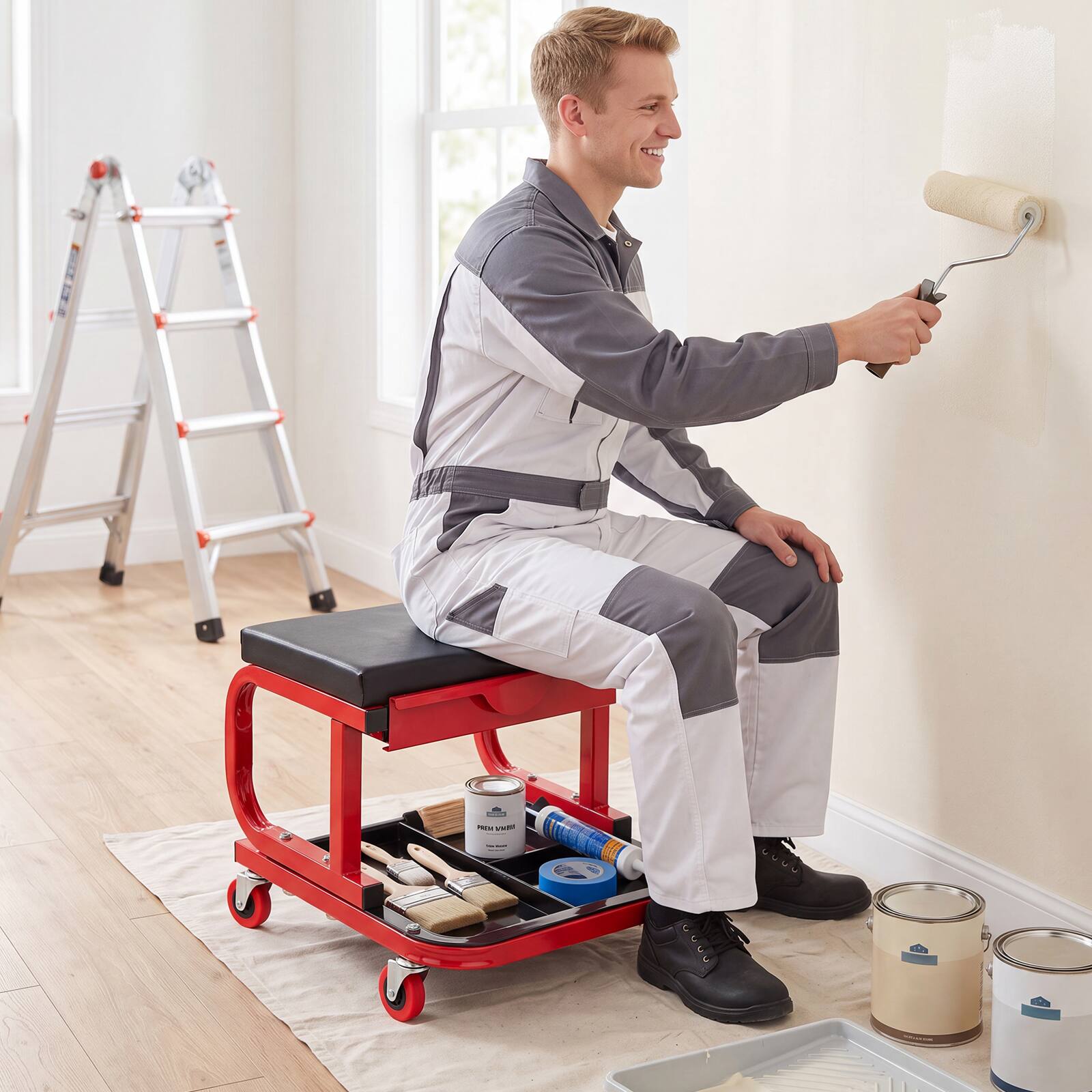 Alt View 1. Costway - Costway Mechanic Rolling Stool with Tool Trays & Magnetic Drawer, Padded Cushion, 4 Wheels - Black and Red.