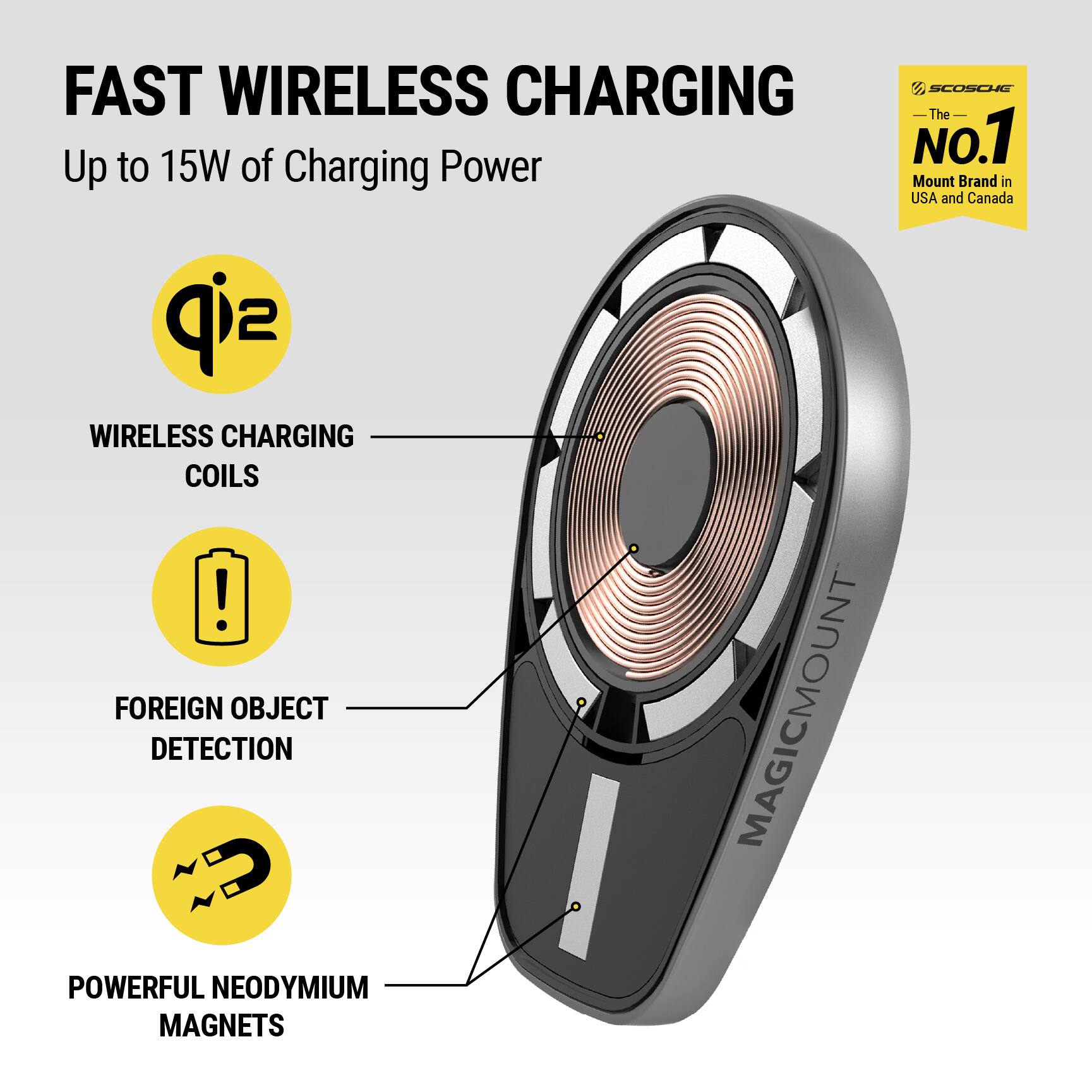 FAST WIRELESS CHARGING  
Up to 15W of Charging Power

- WIRELESS CHARGING COILS
- FOREIGN OBJECT DETECTION
- POWERFUL NEODYMIUM MAGNETS

SCOSHE  
The No.1 Mount Brand in USA and Canada