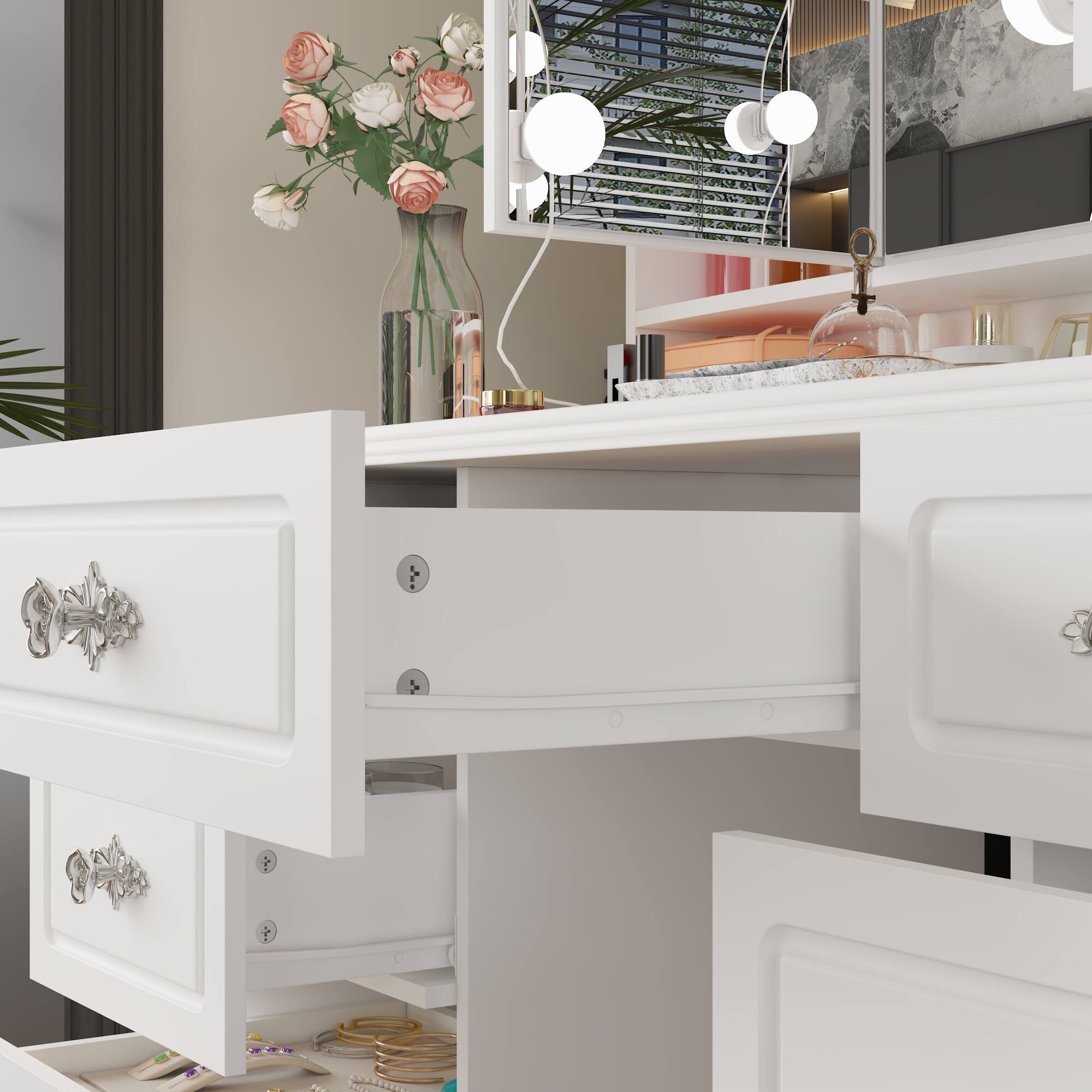 Famapy Vintage Vanity Table with 3 Sided LED Mirror Makeup Desk, 9