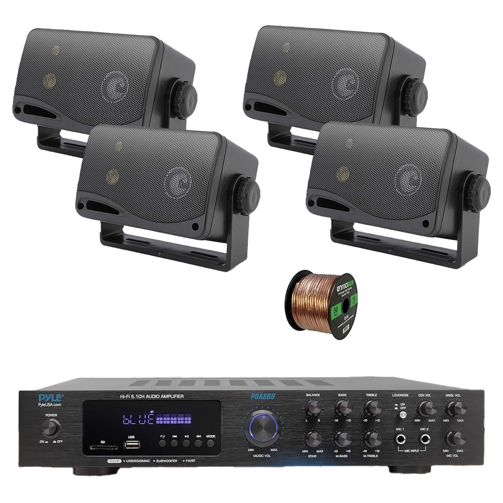 Pyle - PDA8BU 5.1 Channel Home Audio Bluetooth MP3 FM Radio Receiver, 4x 3.5" 200W 3-Way Indoor/Outdoor Speakers w/Wire