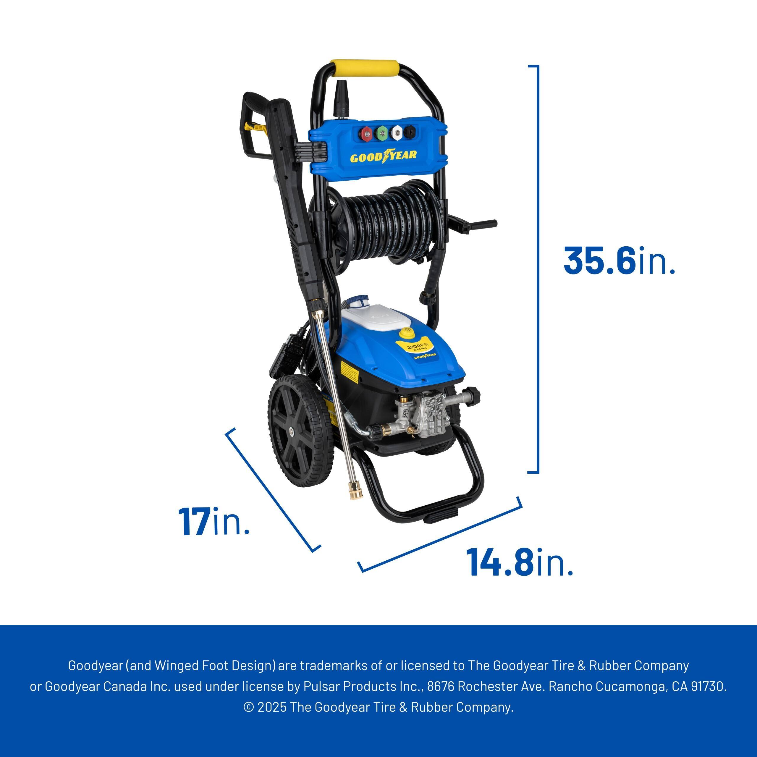 - GOOD YEAR 35.6in. V 17in. 14.8in.
- Goodyear (and Winged Foot Design) are trademarks of or licensed to The Goodyear Tire & Rubber Company or Goodyear Canada Inc. used under license by Pulsar Products Inc., 8676 Rochester Ave. Rancho Cucamonga, CA 91730.
- © 2025 The Goodyear Tire & Rubber Company.