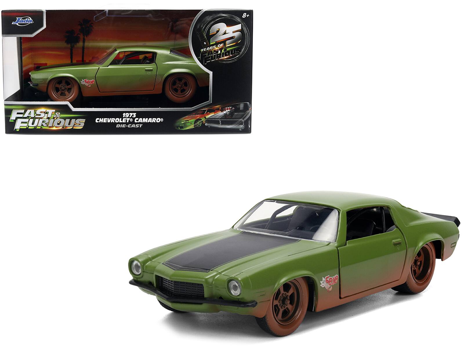 Dom's 1973 Chevrolet Camaro "F-Bomb" Matt Green (Dirty Version) with Black Hood Stripe 1/32 Diecast Model Car by Jada - Multicolor