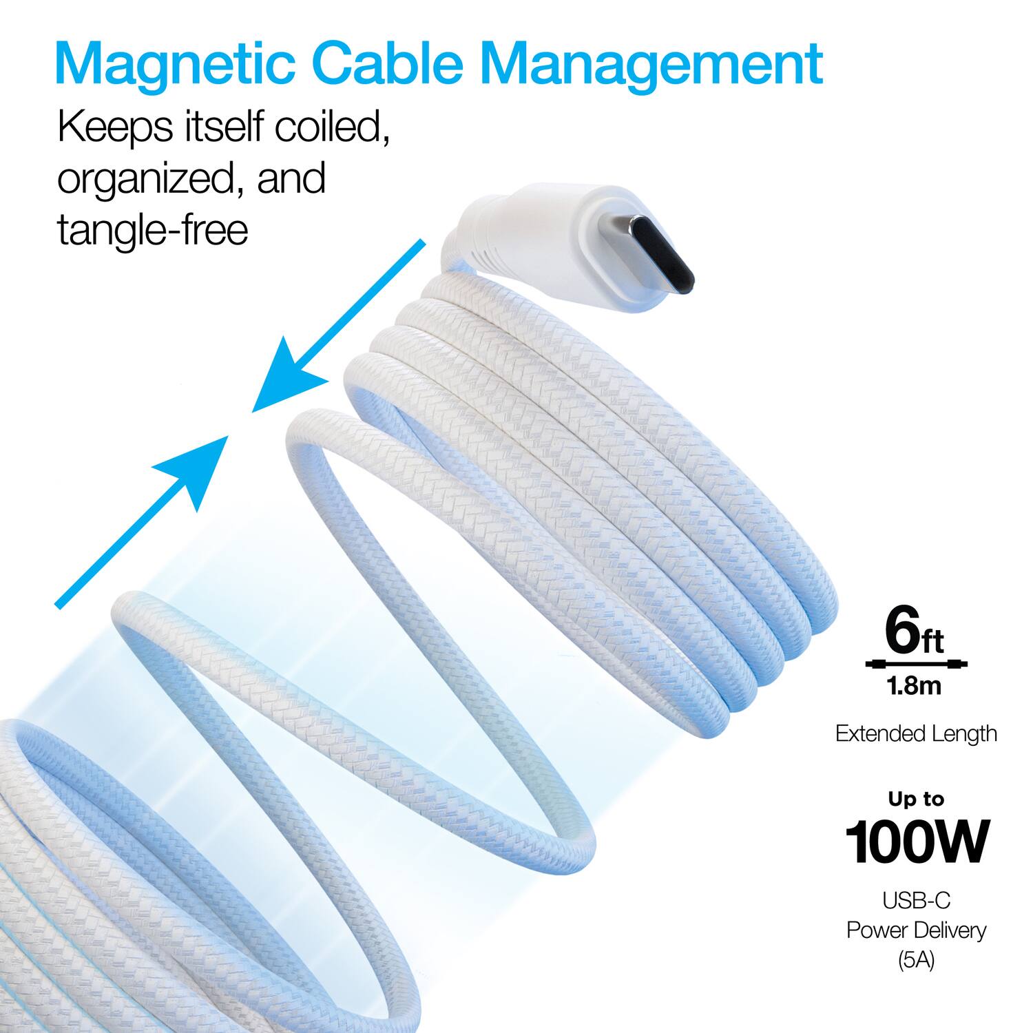 Magnetic Cable Management  
Keeps itself coiled, organized, and tangle-free  

6ft / 1.8m Extended Length  
Up to 100W USB-C Power Delivery (5A)