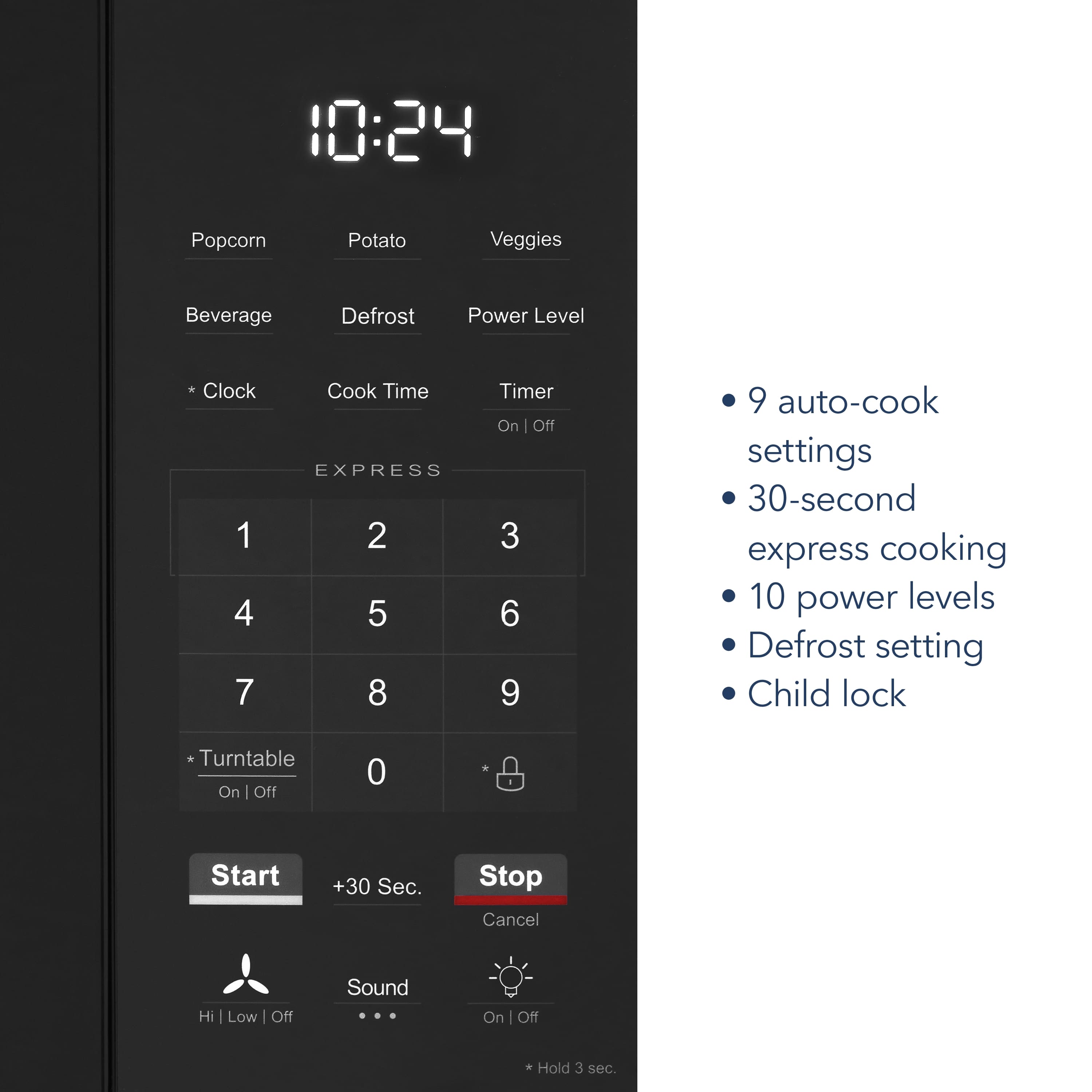 The image shows a microwave with a digital display and a clock. The clock reads 10:24. The microwave has various settings, including defrost, power level, cook time, and timer. There are also auto-cook settings and a defrost setting. The microwave has a turntable and a child lock feature. The image also shows a popcorn setting and a potato setting.