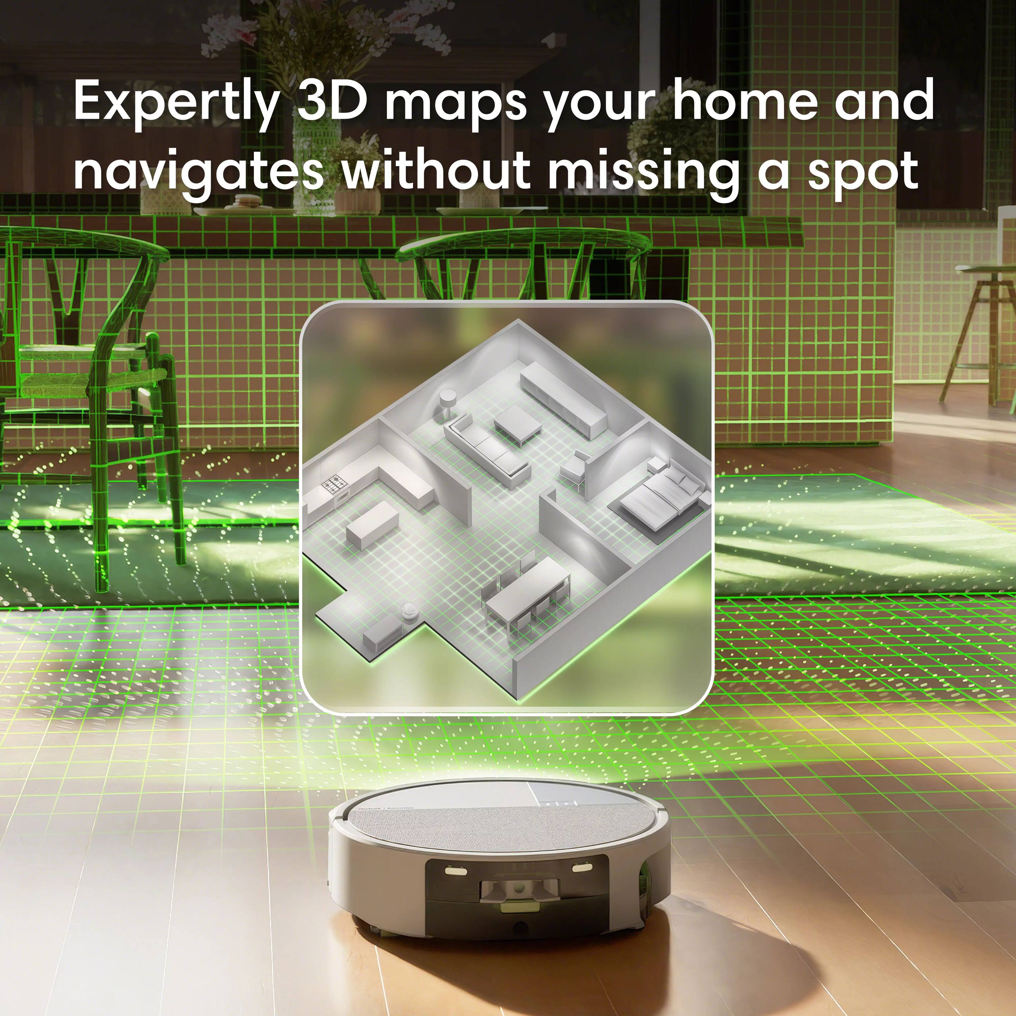 Expertly 3D maps your home and navigates without missing a spot