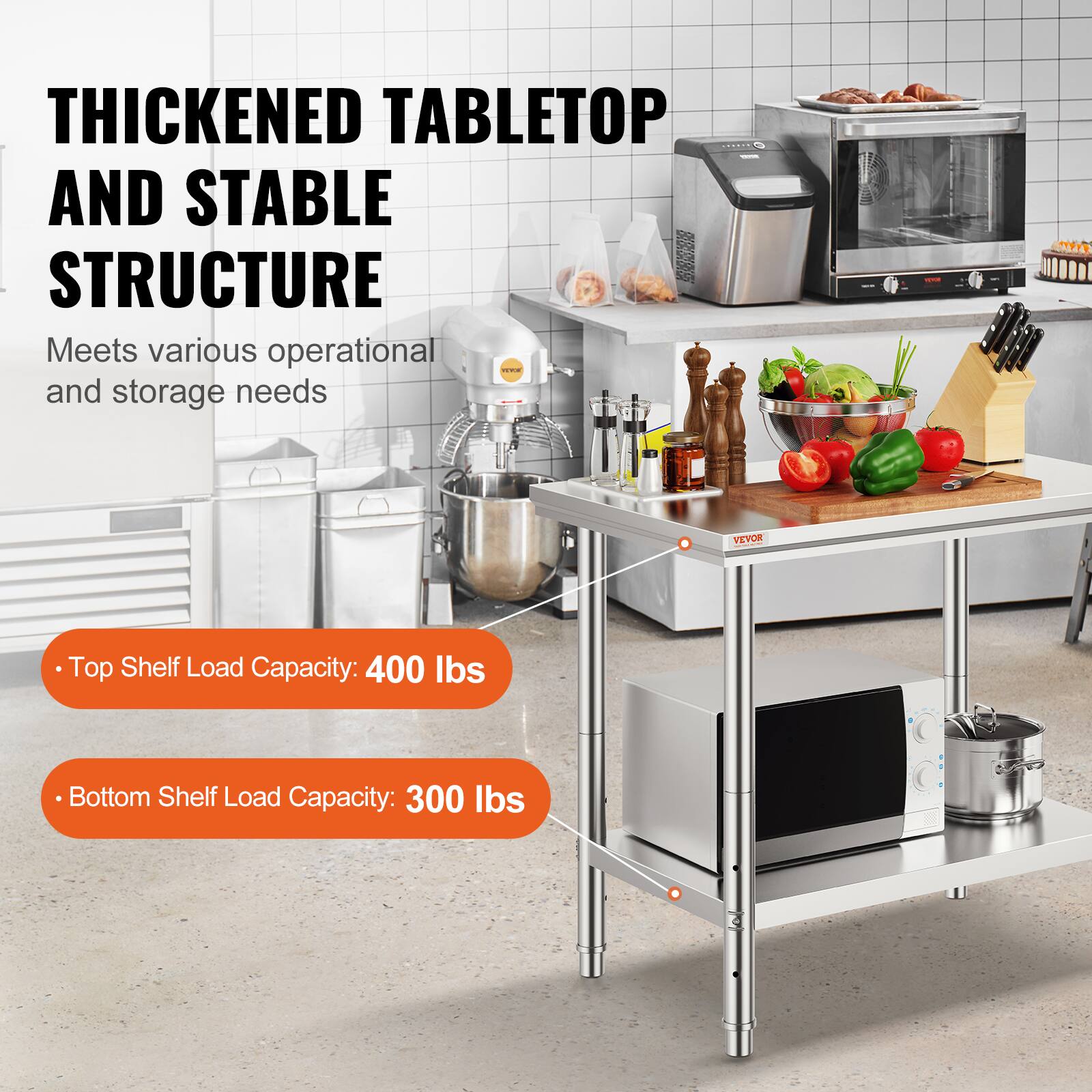 **THICKENED TABLETOP AND STABLE STRUCTURE**

Meets various operational and storage needs

- Top Shelf Load Capacity: 400 lbs
- Bottom Shelf Load Capacity: 300 lbs