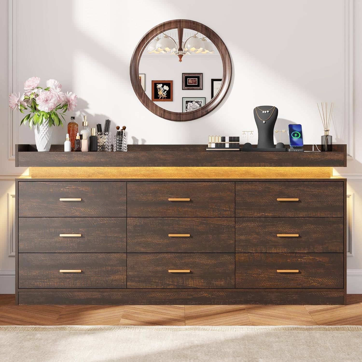 Angle. Espafurni - 9 - Drawer Dresser with LED Light & Charging Station - Modern Chest for Bedroom, Living Room, Entryway & Hallway - Brown.