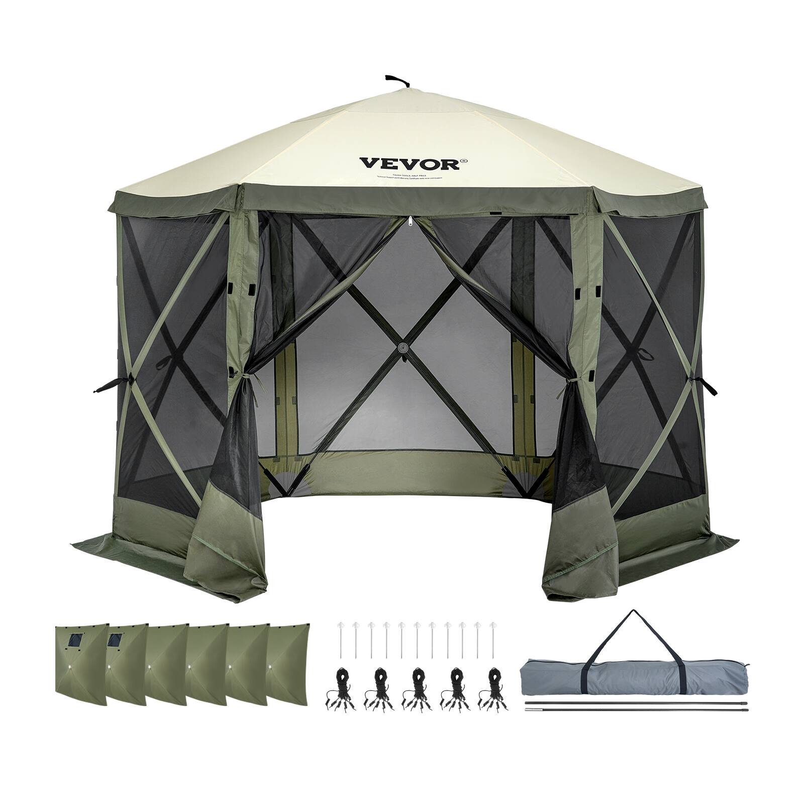 Alt View 5. VEVOR - Pop Up Gazebo Tent, Pop-Up Screen Tent 6 Sided Canopy Sun Shelter with 6 Removable Privacy Wind Cloths & Mesh Windows - Green.