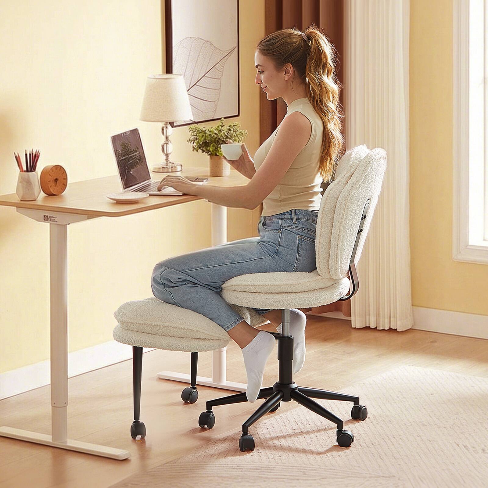 Angle. Pinmoco - Cross Legged Office Chair Cloud Criss Cross Desk Chair with Lumbar Support Height Adjustable Swivel Chair Yoga Chair - Fabric White.