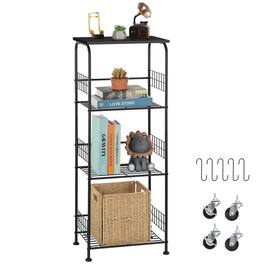 Oumilen - 4-Tier Wire Storage Shelf with Wood Top, Black Metal Frame & Accessories - Black