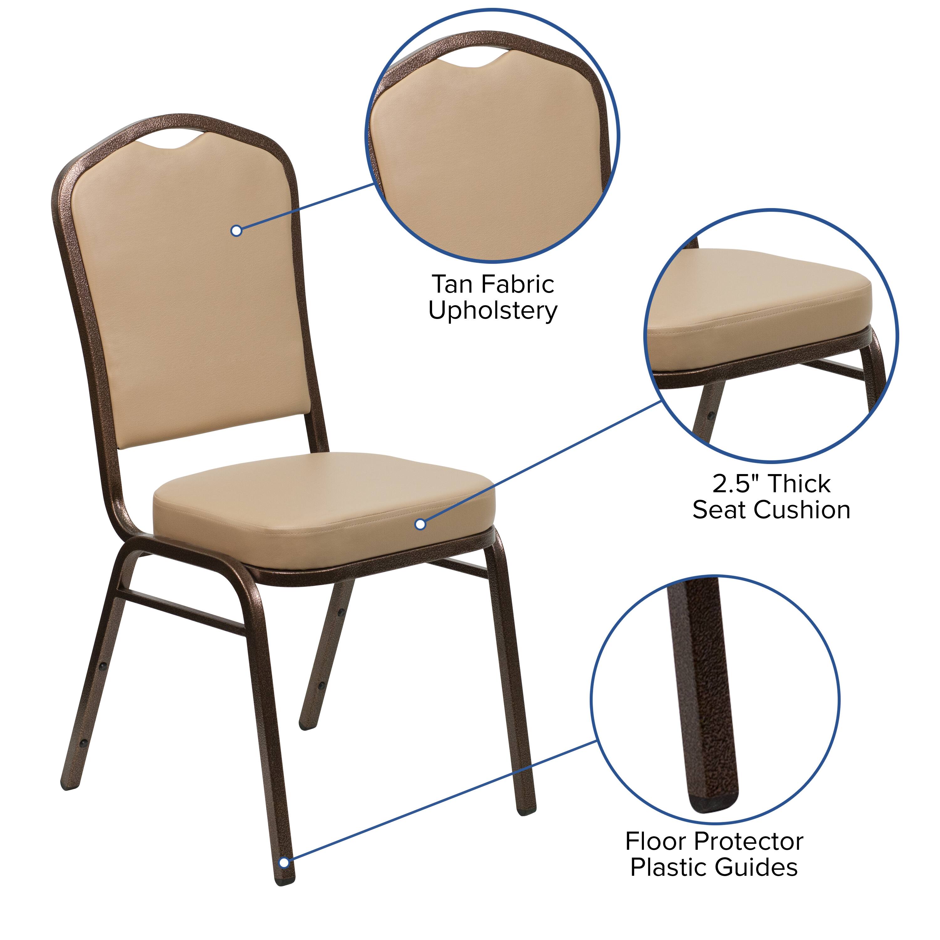 Tan Fabric Upholstery  
2.5" Thick Seat Cushion  
Floor Protector Plastic Guides