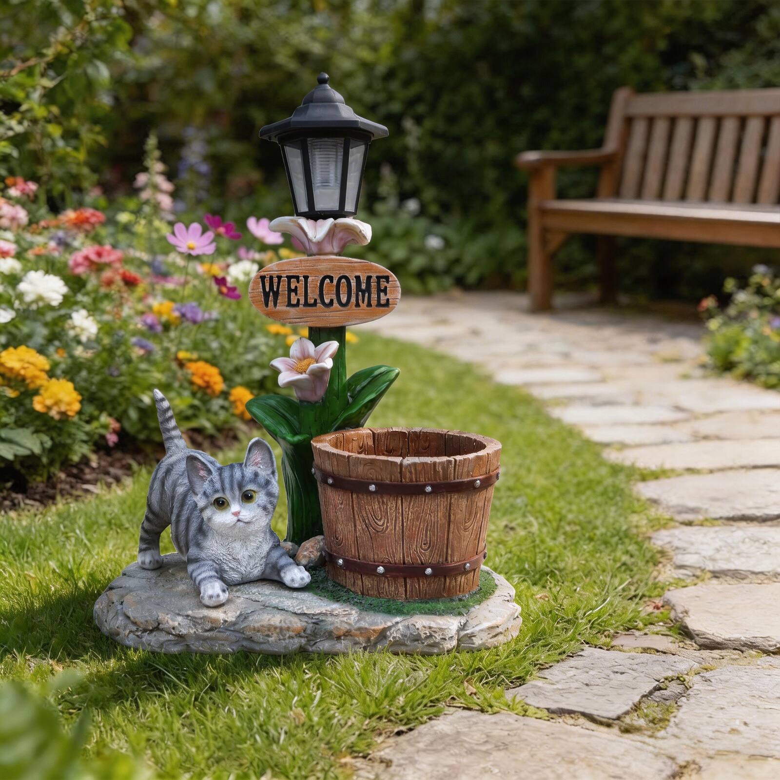 Left. Anysun - Lying Cat Solar Planter Garden Decor – Relaxed Feline Statue with Built‑In LED Light and Flower Pot, Weather‑Resistant - Brown.